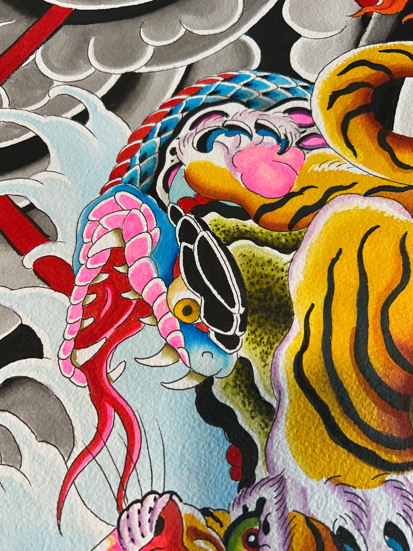 Tiger and dragon American traditional tattoo by Alex Citrone - Martha’s Vineyard Tattoo