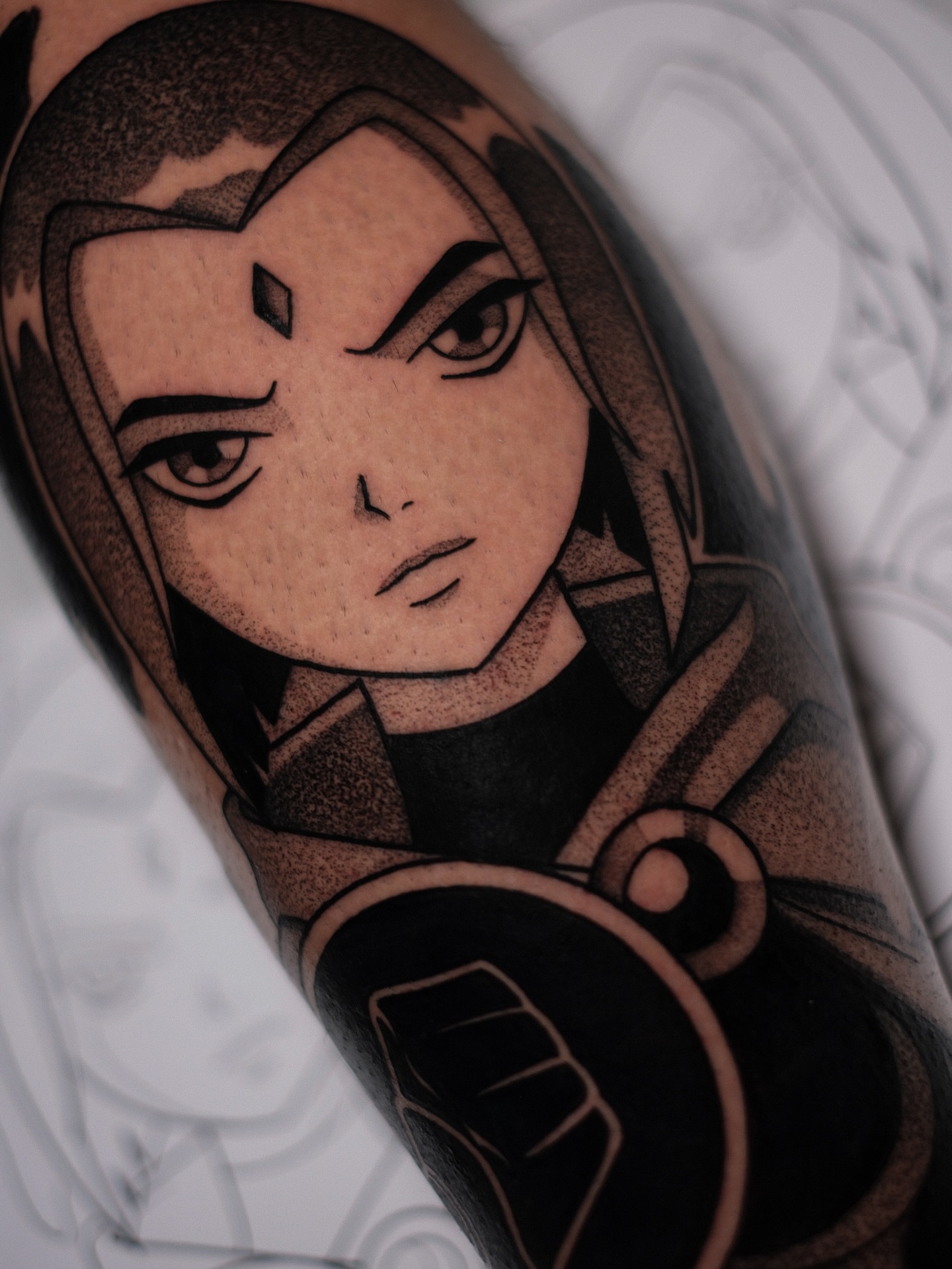 Anime character dotwork tattoo on the forearm by Yakir, Houston, Texas