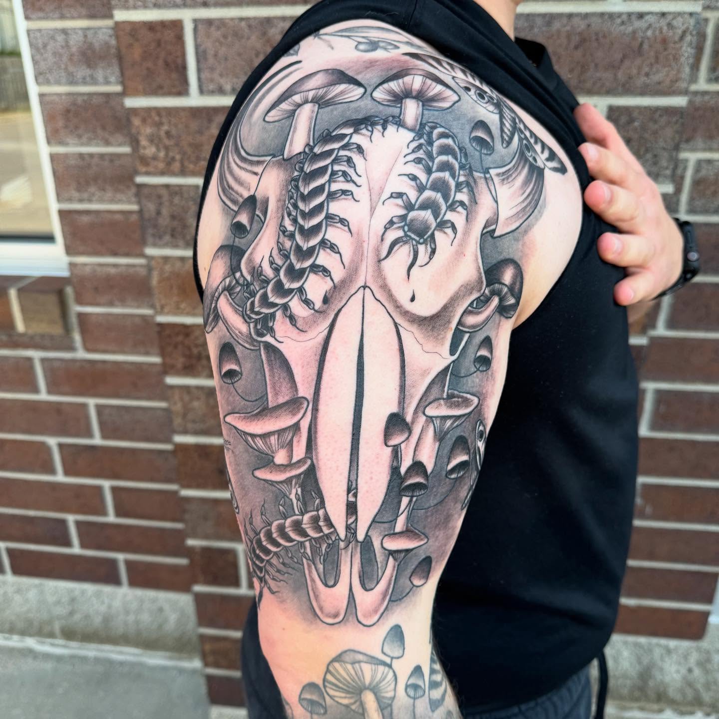 Skull and mushrooms realism tattoo on the shoulder by Nikki Powills