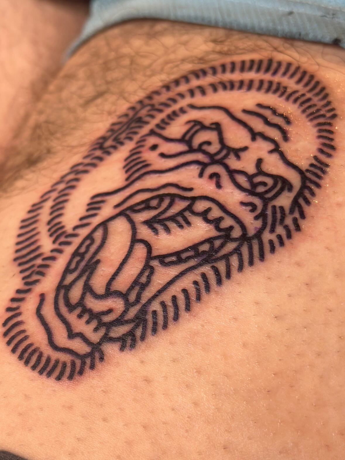 Lion black and grey tattoo on the thigh by Hayley Hendrick