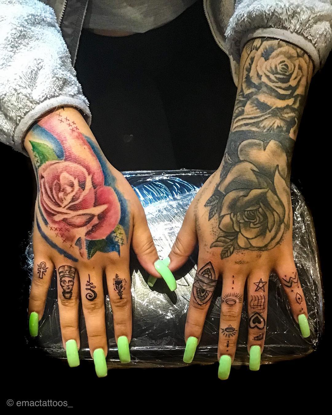 Roses American traditional tattoo on the hand by Emac, Baltimore, Maryland