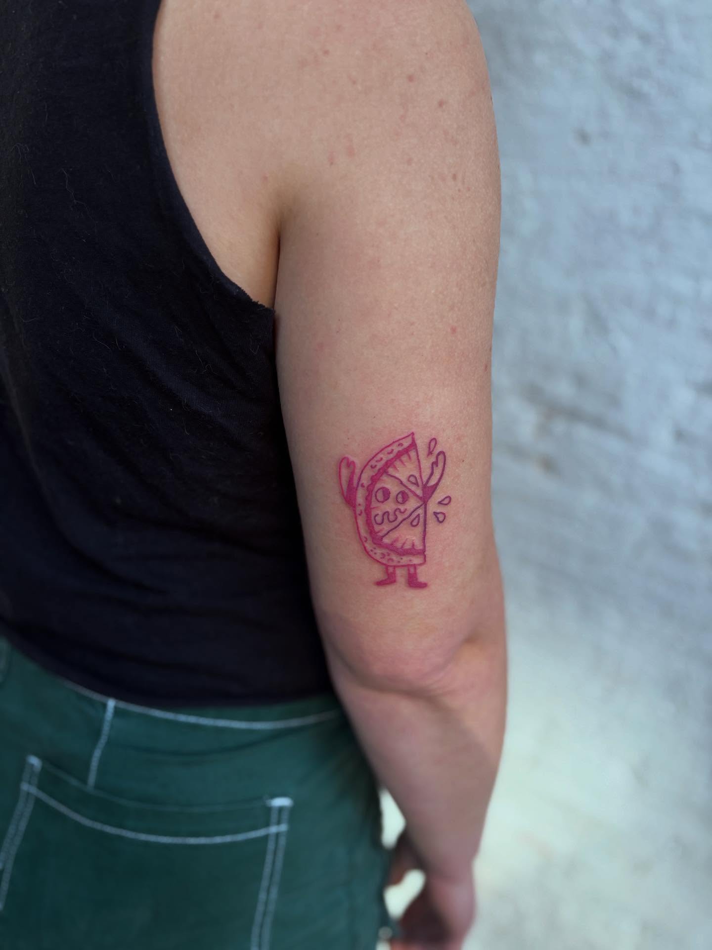 Pizza slice character illustrative tattoo on the forearm by kris noble floyd
