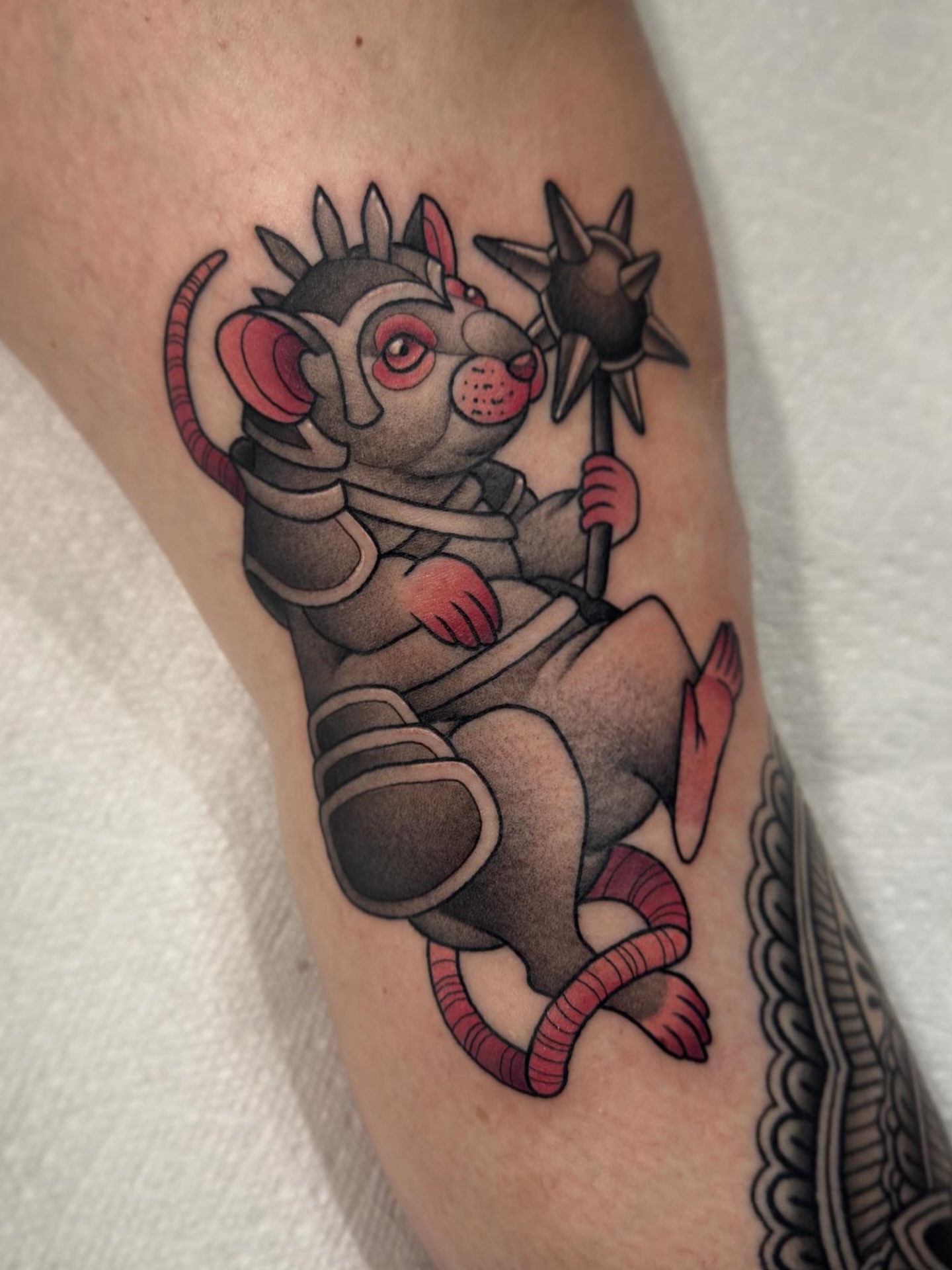 Rat with staff American traditional tattoo on the forearm by Amy Jean, Minneapolis, Minnesota