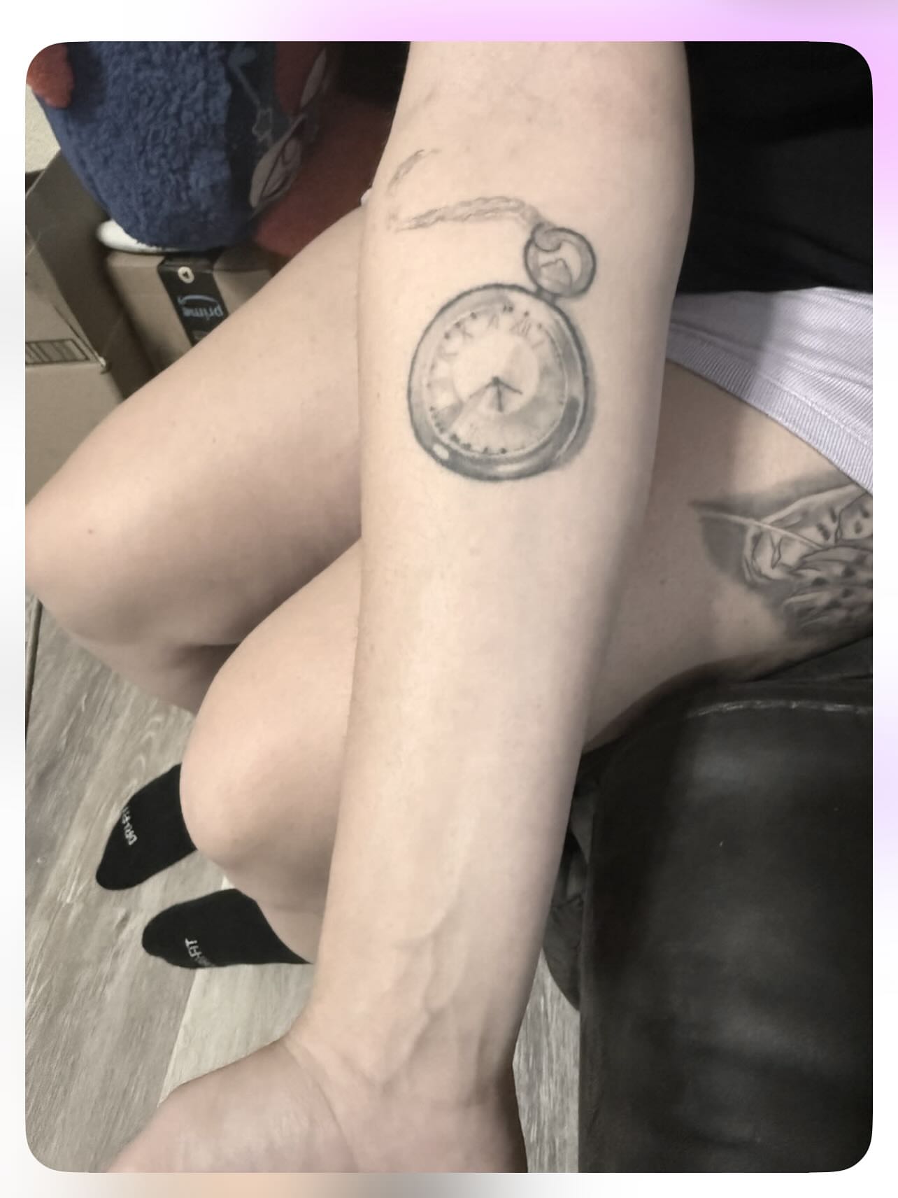 Pocket watch black and grey tattoo on the forearm by Shake_tatts