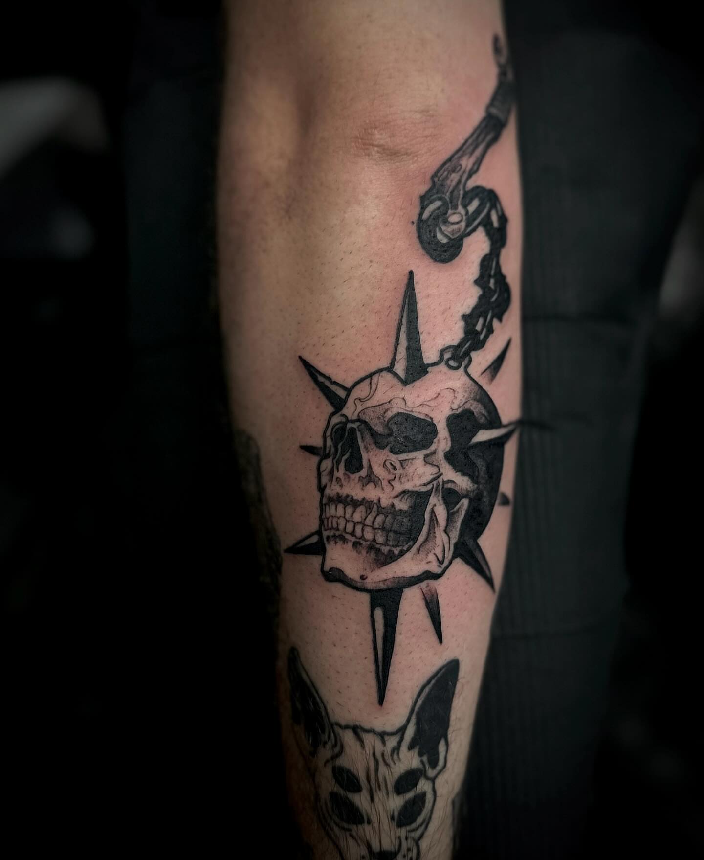 Skull with spikes dark realism tattoo on the forearm by 𝕽𝖎𝖌𝖊𝖗𝖘 𝕳𝖆𝖒𝖟𝖆, San Francisco, California