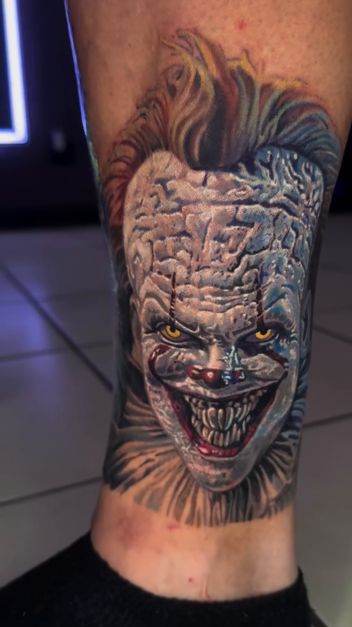 Pennywise the clown realism tattoo by Steven Pelkey, Eastpointe, Michigan