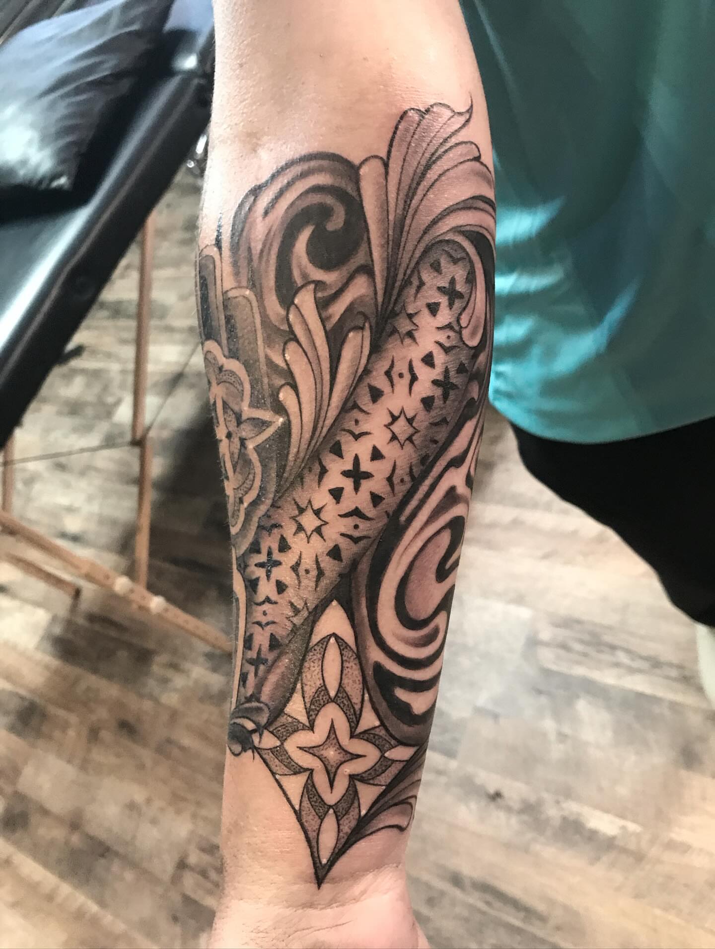 Abstract pattern geometric tattoo on the forearm by Heather Syvilla Tattoos