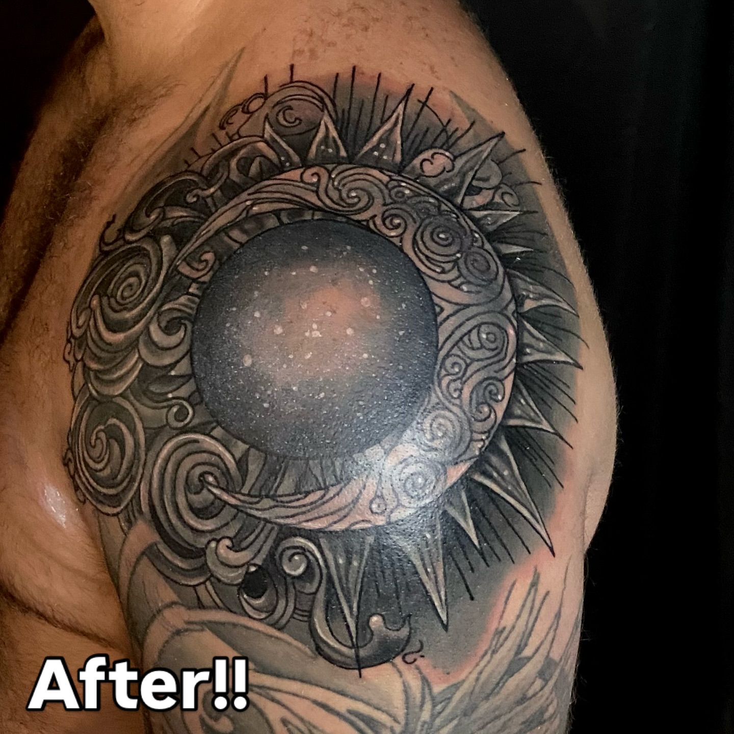 Galaxy black and grey tattoo on the shoulder by Colt