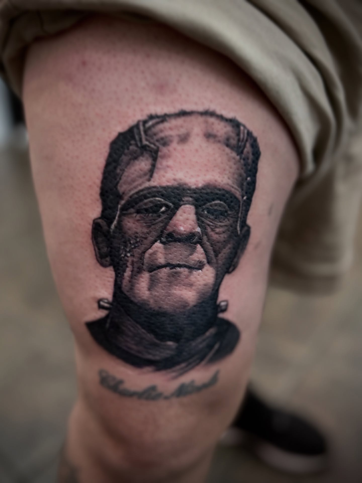 Frankenstein realism tattoo on the thigh by Ryan Willard, Denver, Colorado