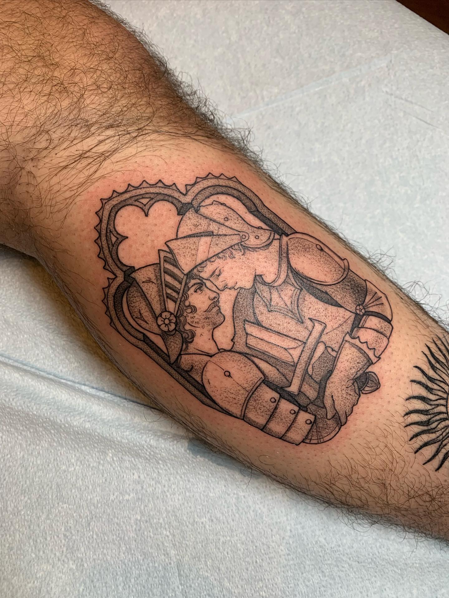 Knight and woman black and grey tattoo on the forearm by Tabby Wirebach, Kutztown, Pennsylvania
