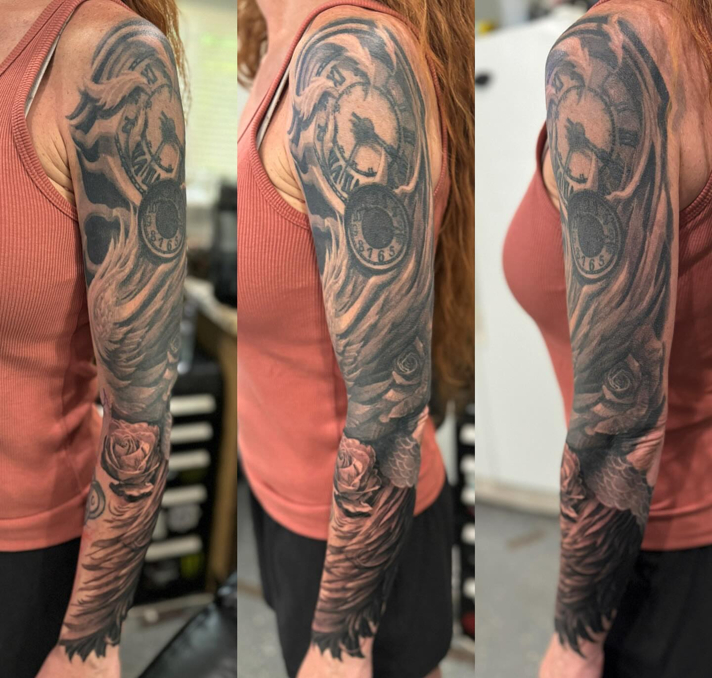Clock and roses realism tattoo on the upper arm by marcus labonne