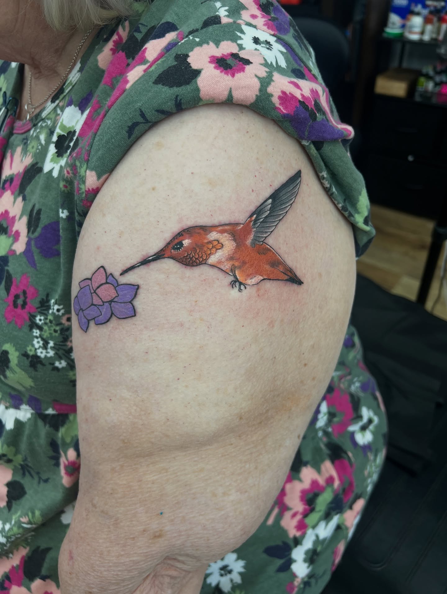 Hummingbird realism tattoo on the shoulder by Pam Sanders