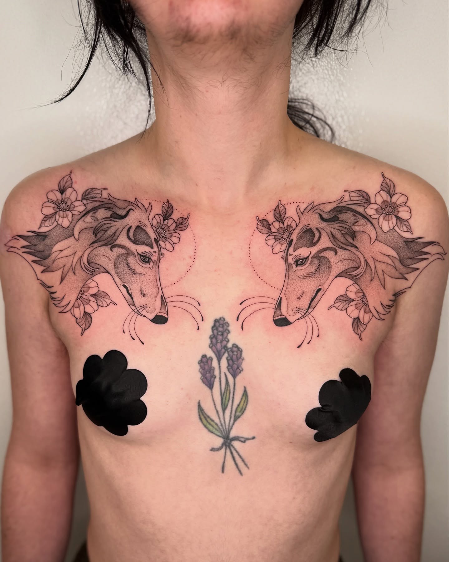 Wolves and lavender dotwork tattoo on the chest by Connor🍄🏳️‍⚧️