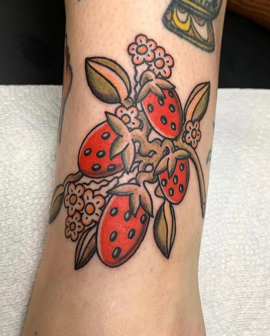 Strawberries and flowers American traditional tattoo on the forearm by Joe tatum ~Tattoo~