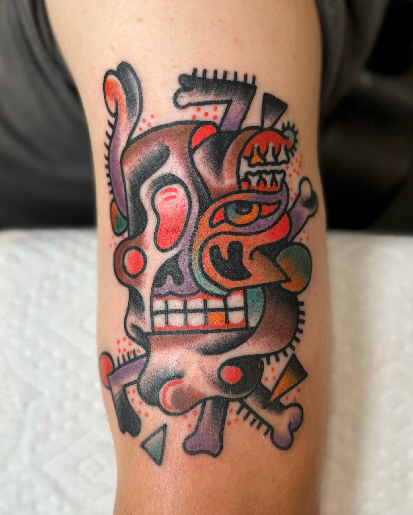 Skull and mask American traditional tattoo on the forearm by Joe tatum ~Tattoo~