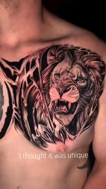 Lion portrait realism tattoo by Travis Sleeper