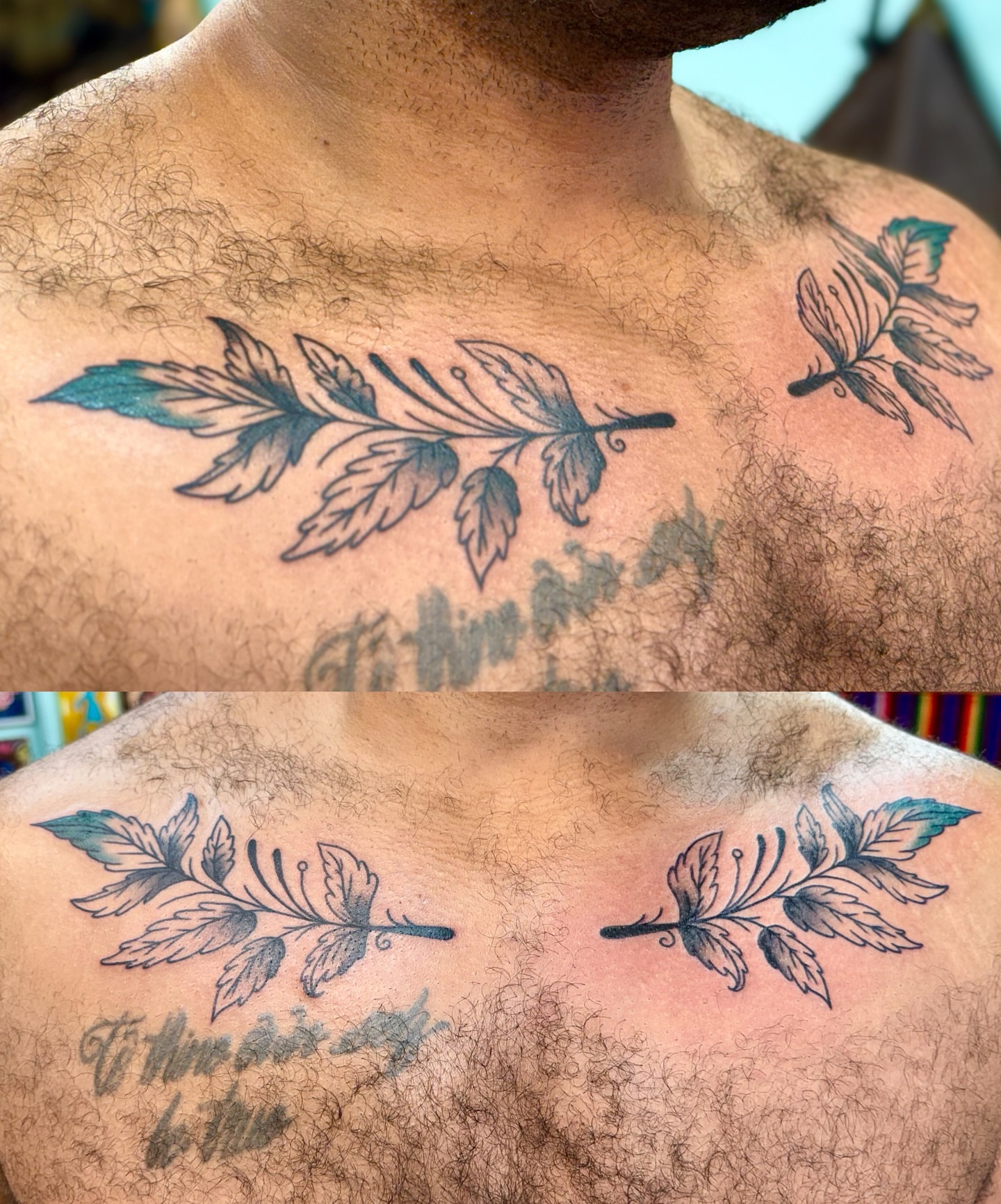 Feather branch black and grey tattoo on the chest by Sophie McTear