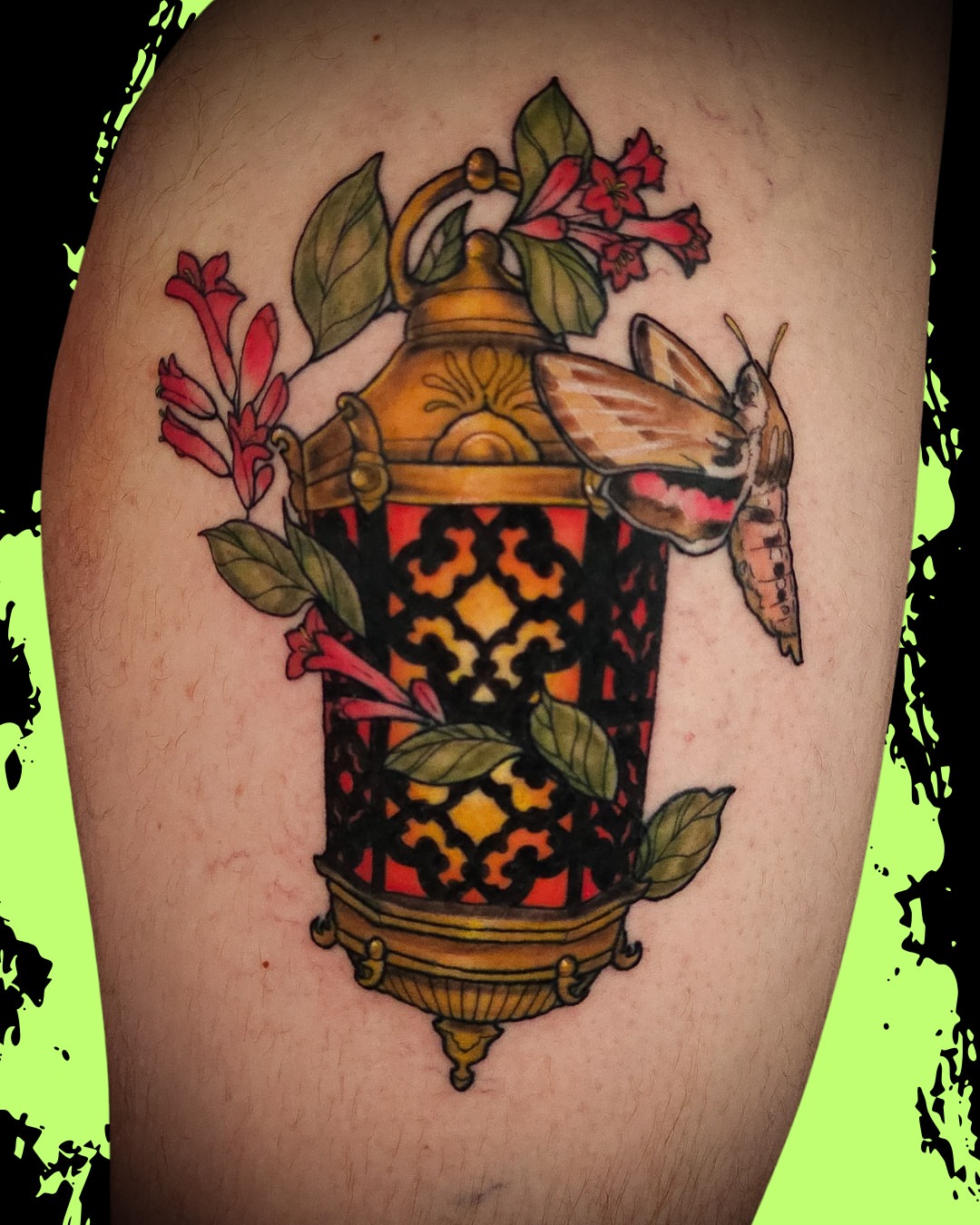 Lantern and moth American traditional tattoo on the thigh by Eva the Tattoo Fartist in Seattle, WA, Seattle, Washington