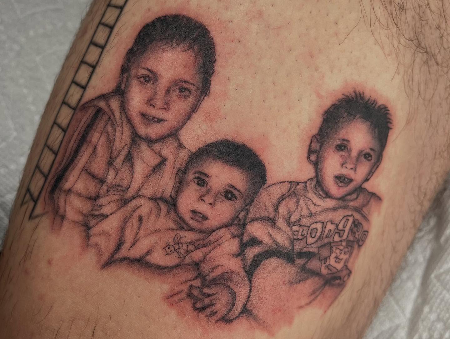 Three children realism tattoo on the forearm by Jennifer Medrano