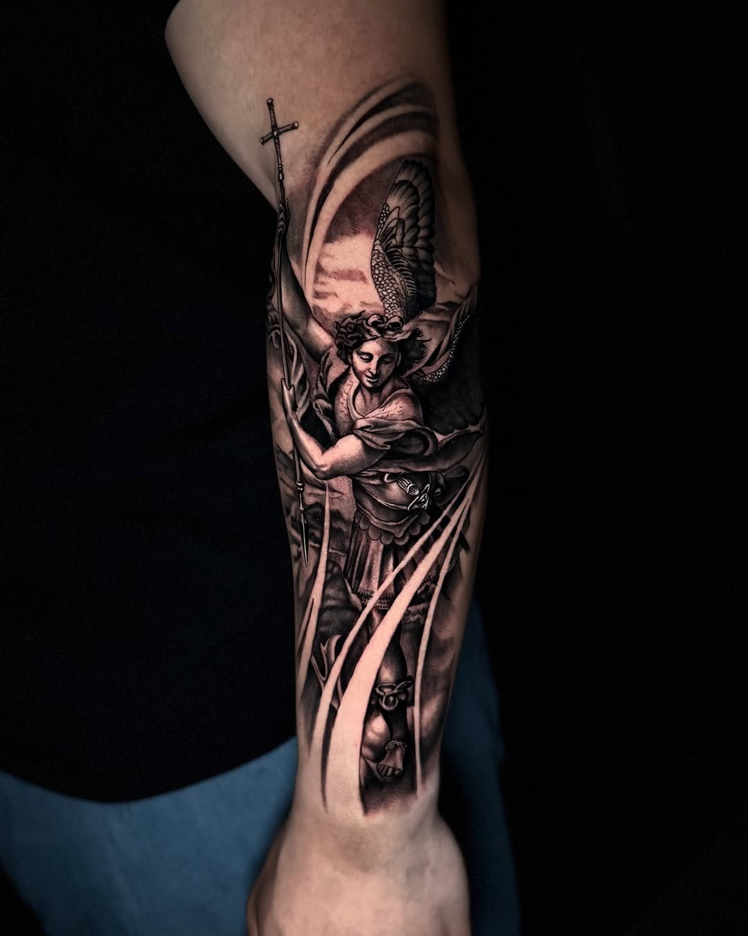 Archangel Michael realism tattoo on the forearm by Tommy Nguyen, Eastpointe, Michigan