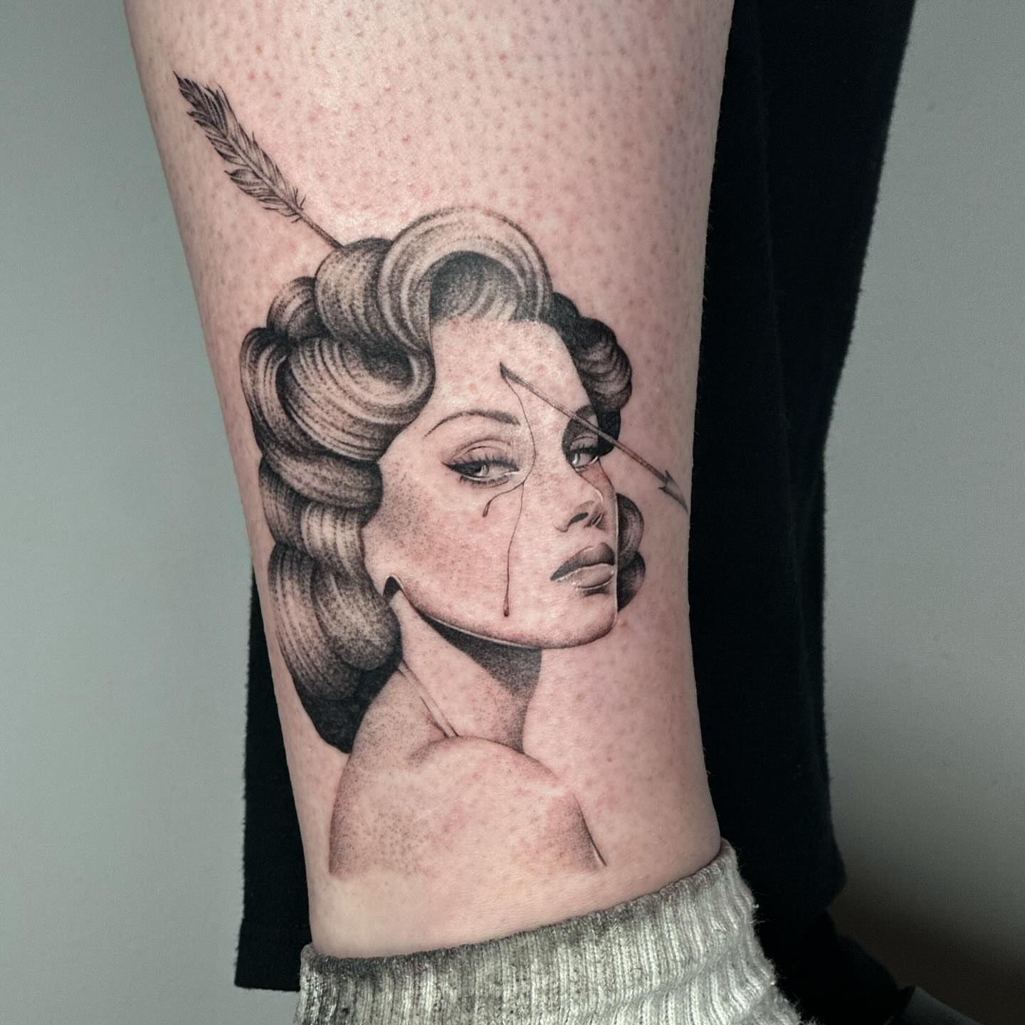 Woman with arrow dotwork tattoo on the forearm by ๐๐๐๐ ๐๐๐๐