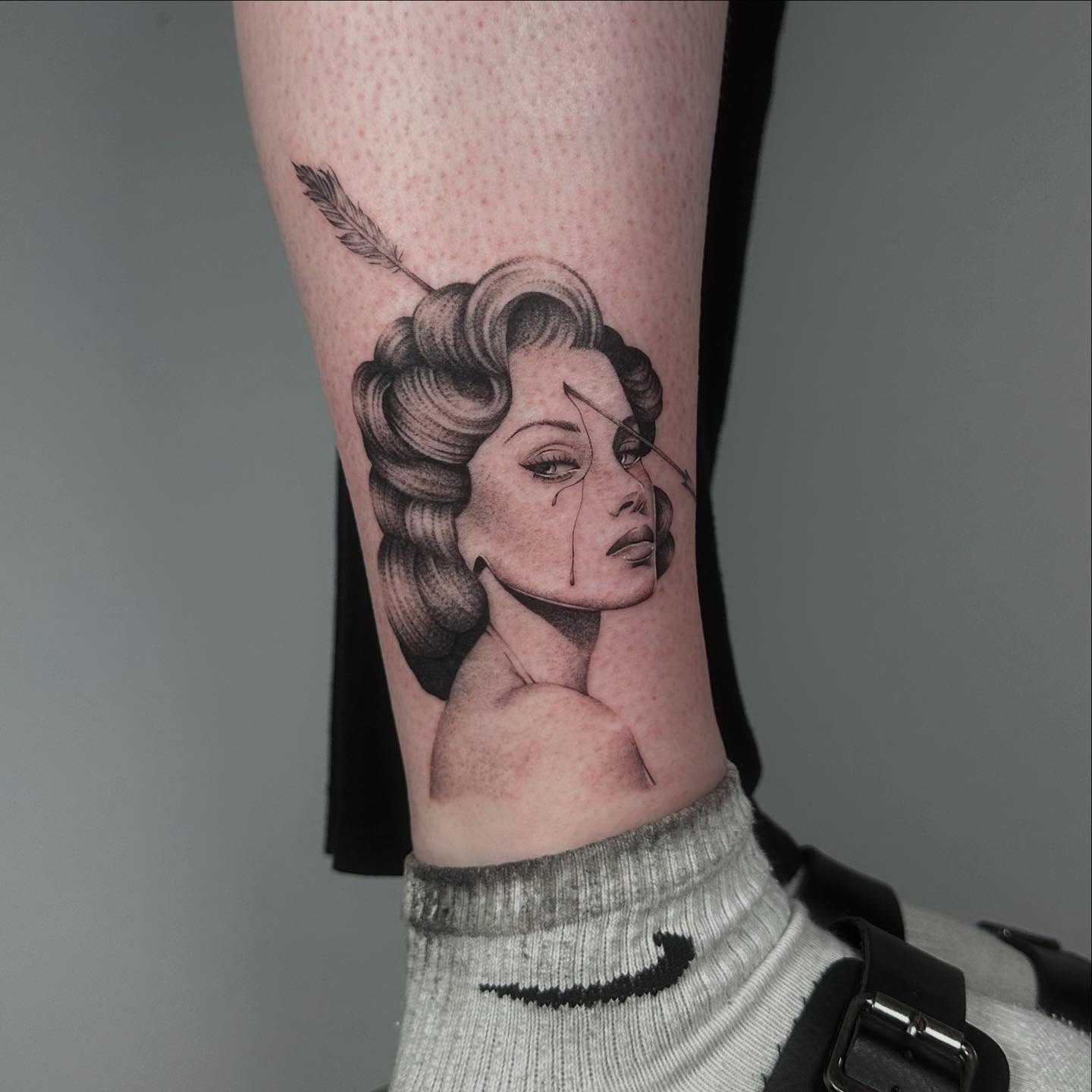 Woman with feather dotwork tattoo on the forearm by ๐๐๐๐ ๐๐๐๐