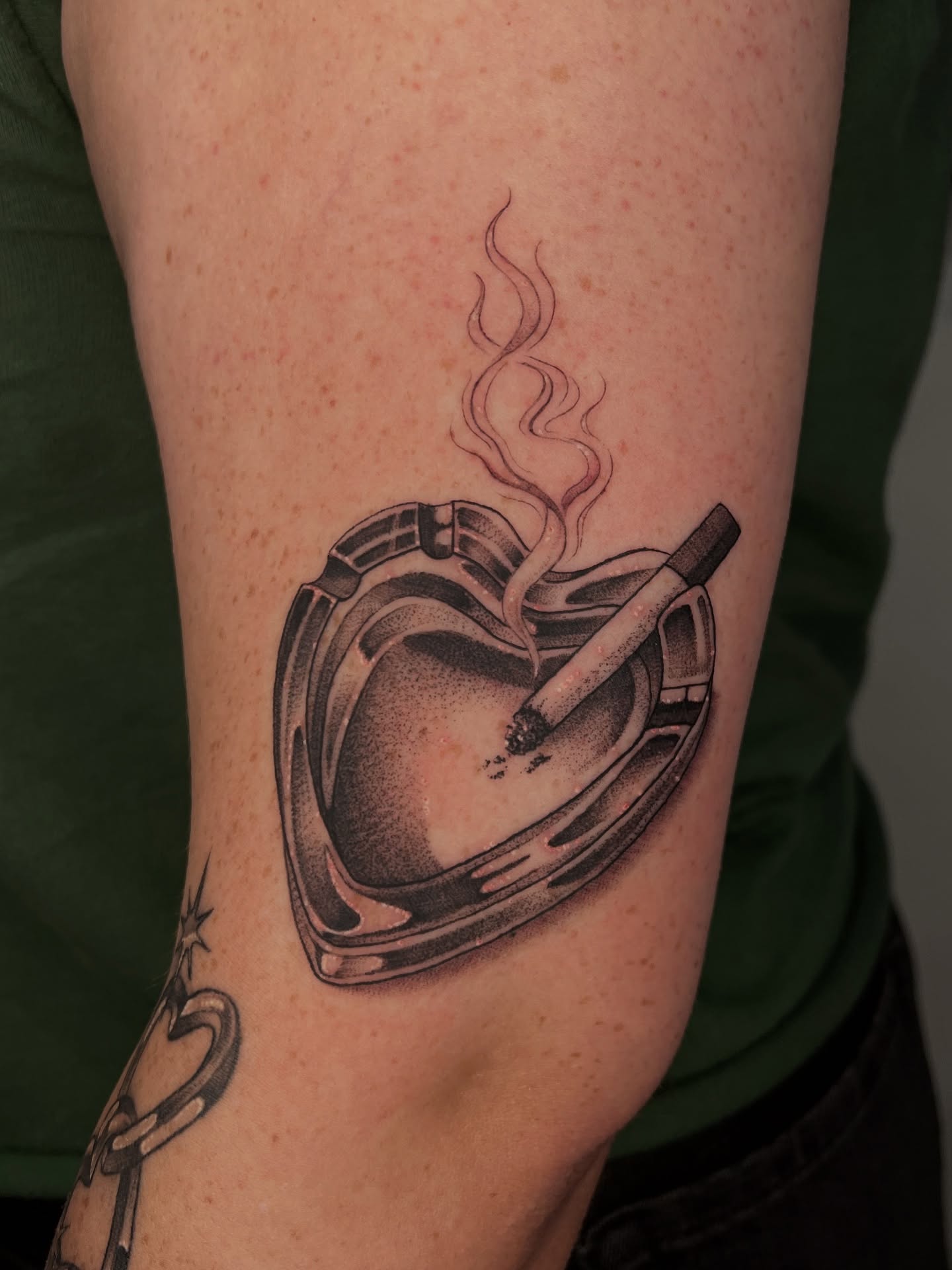 Ashtray with cigarette dotwork tattoo on the forearm by ✮shayla ganong✮