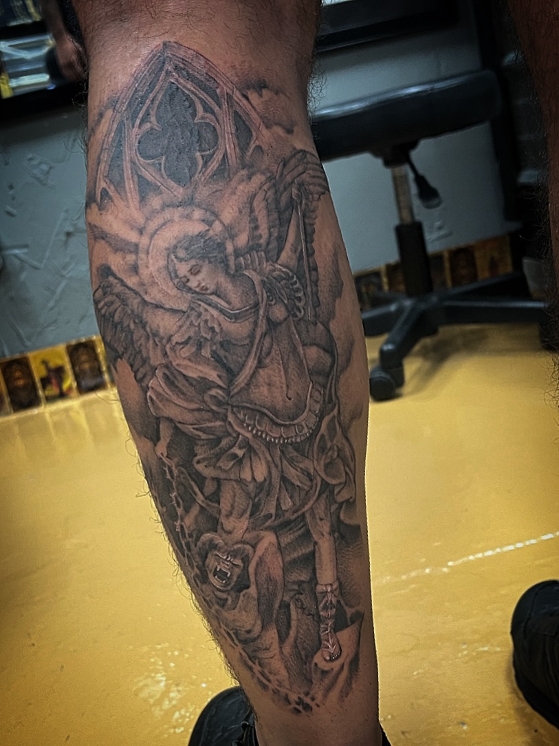 Angel with sword realism tattoo on the forearm by Kat