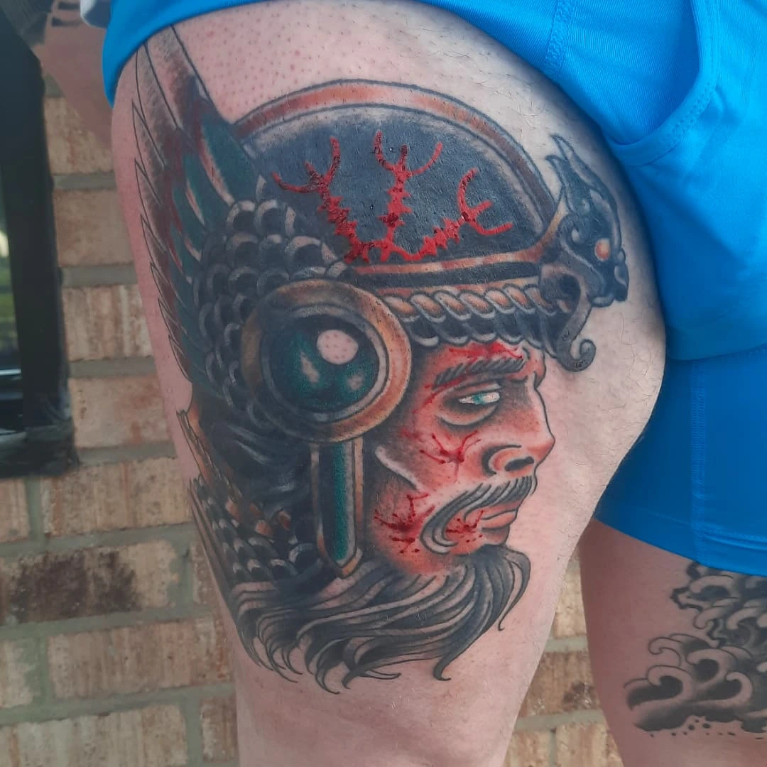 Viking warrior realism tattoo on the thigh by Kaetlyn