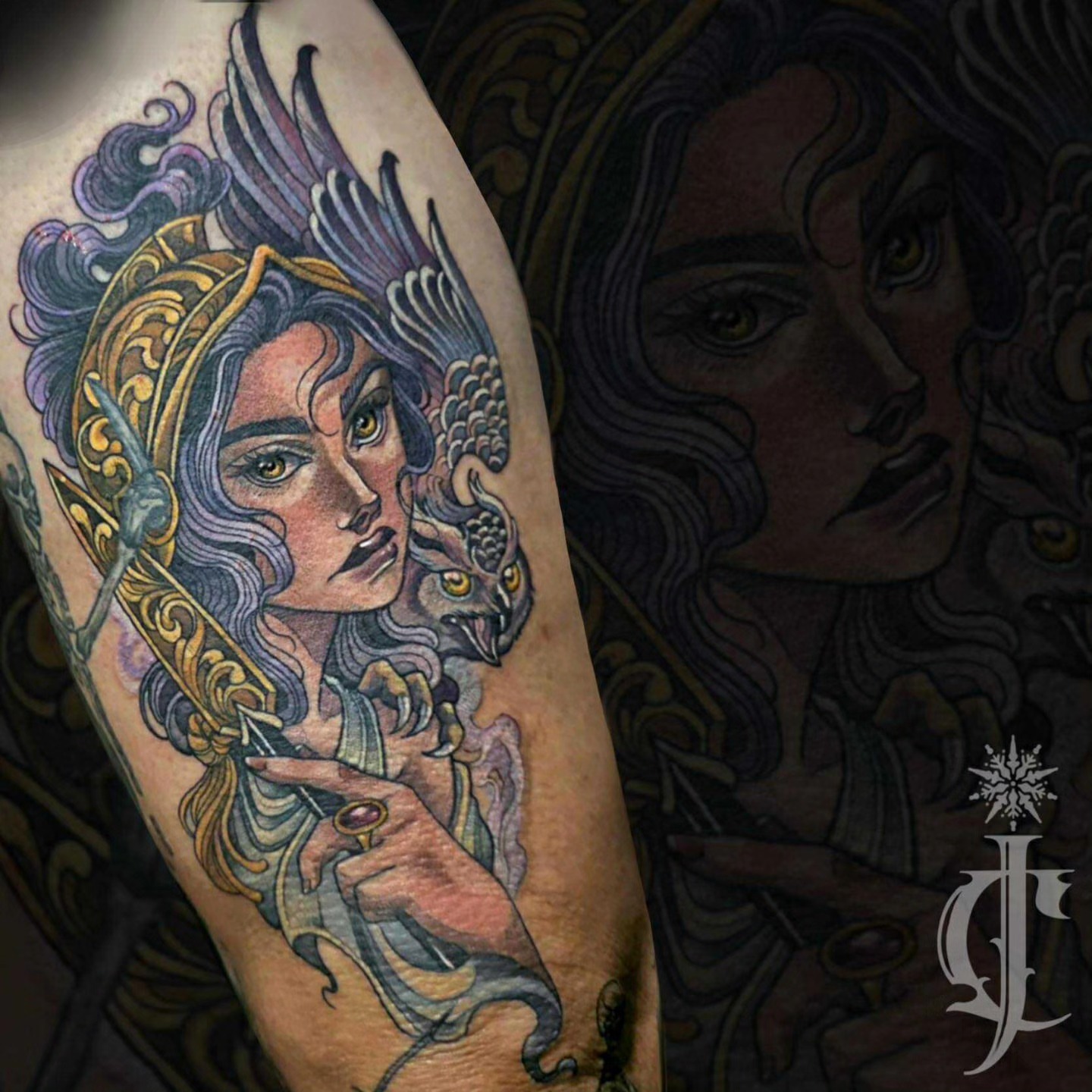 Woman with eagle American traditional tattoo on the forearm by Jessica Canvas