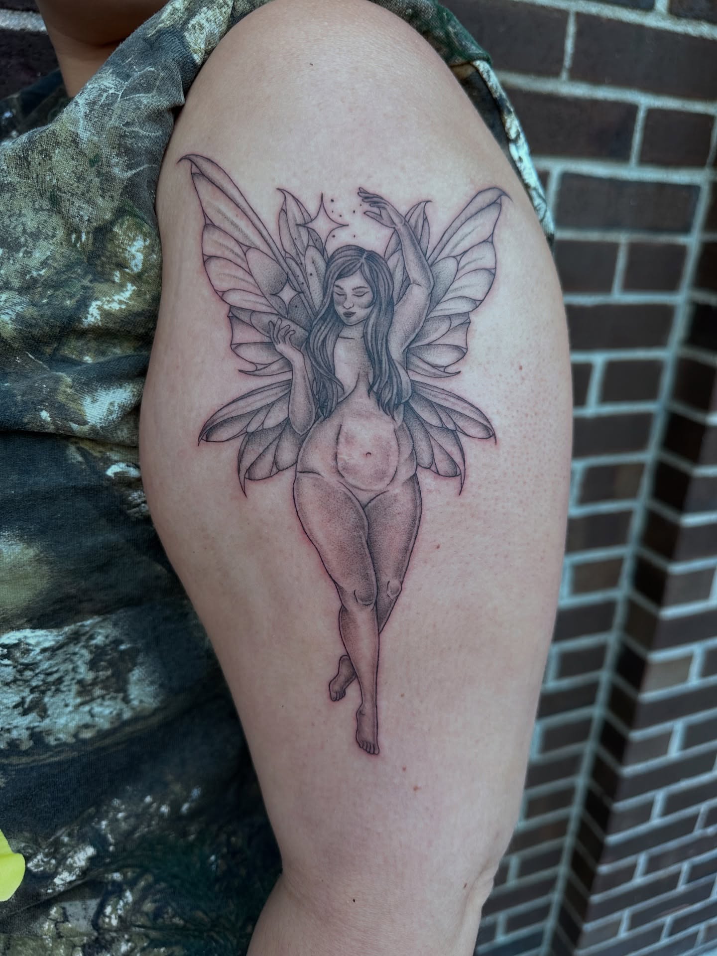 Fairy black and grey tattoo on the thigh by Hail Chaney, Somerville, Massachusetts