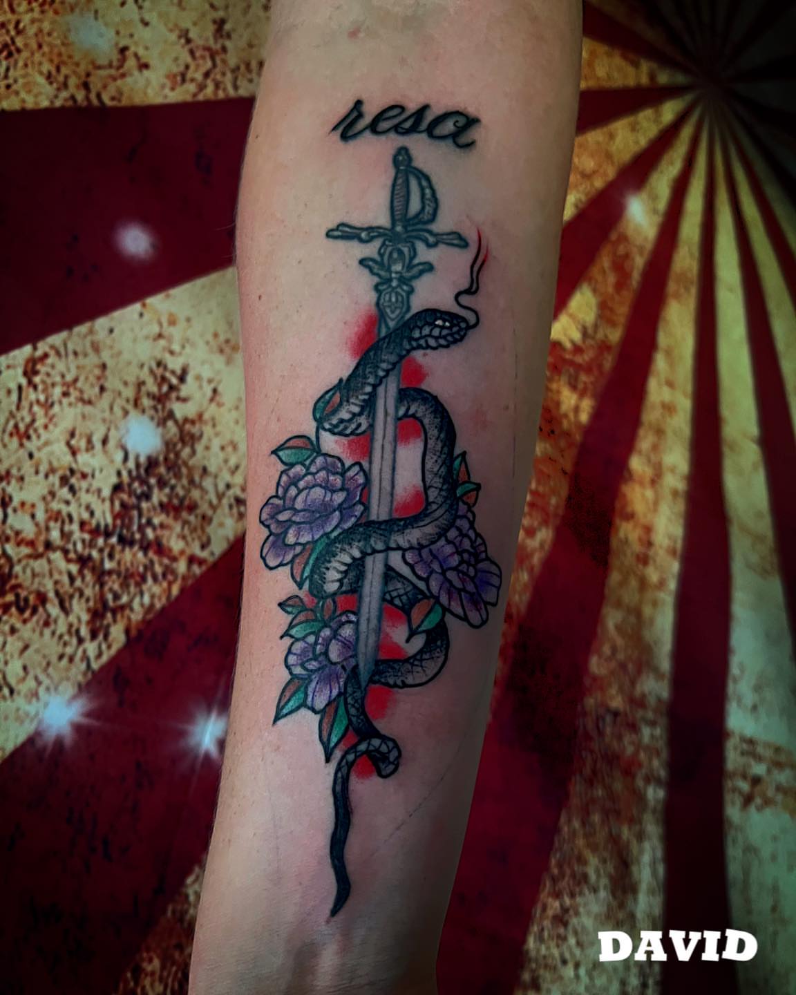 Snake and sword neo-traditional tattoo on the forearm by Davidsteeletattoos, Dallas, Texas