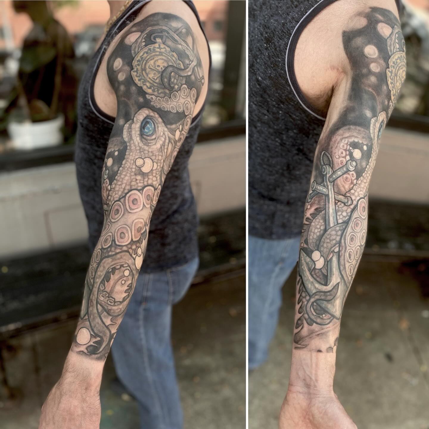 Octopus and anchor dotwork tattoo on the forearm by Dana Jones