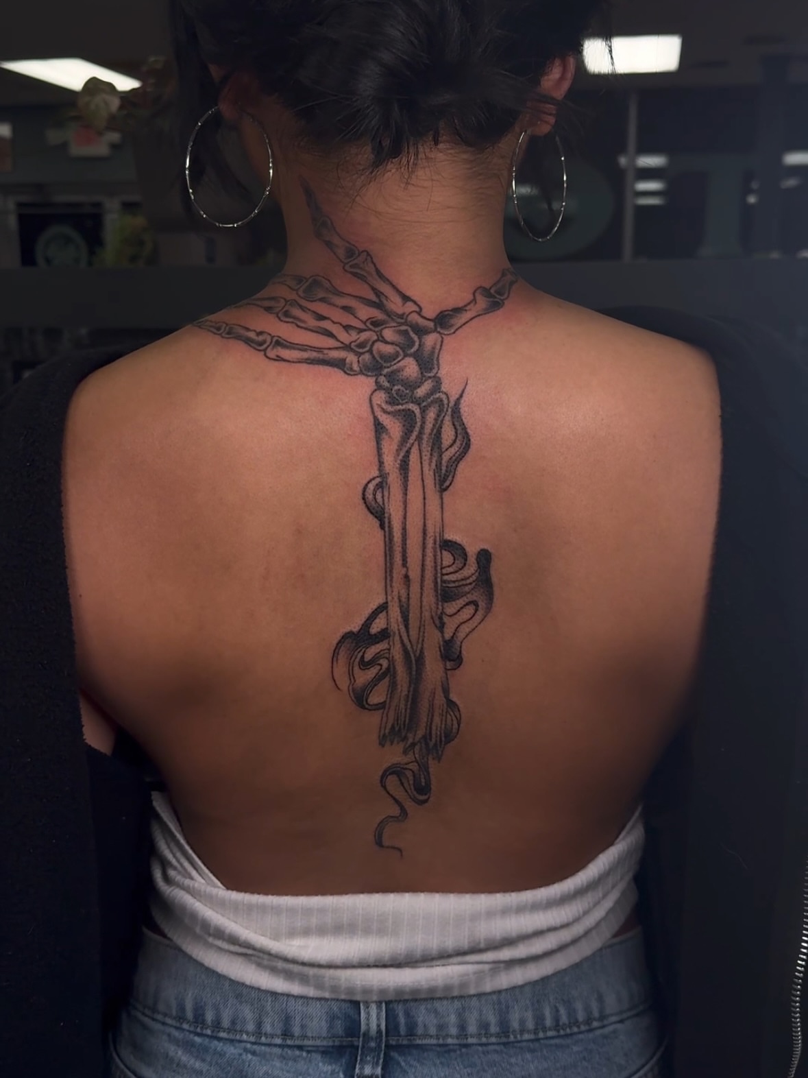 Skeleton cross black and grey tattoo on the back by πππͺ‘