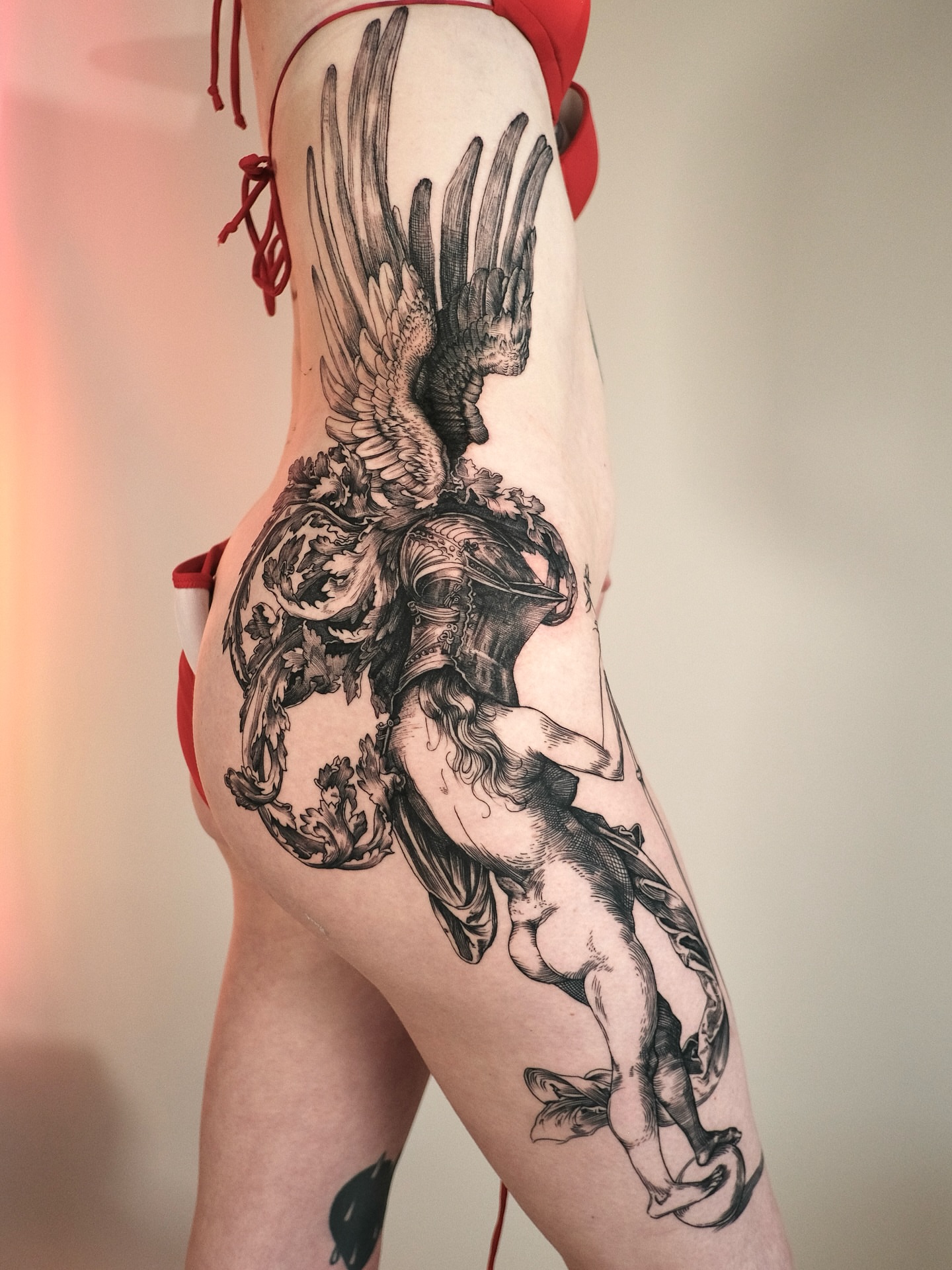 Winged warrior realism tattoo on the thigh by Zanereti