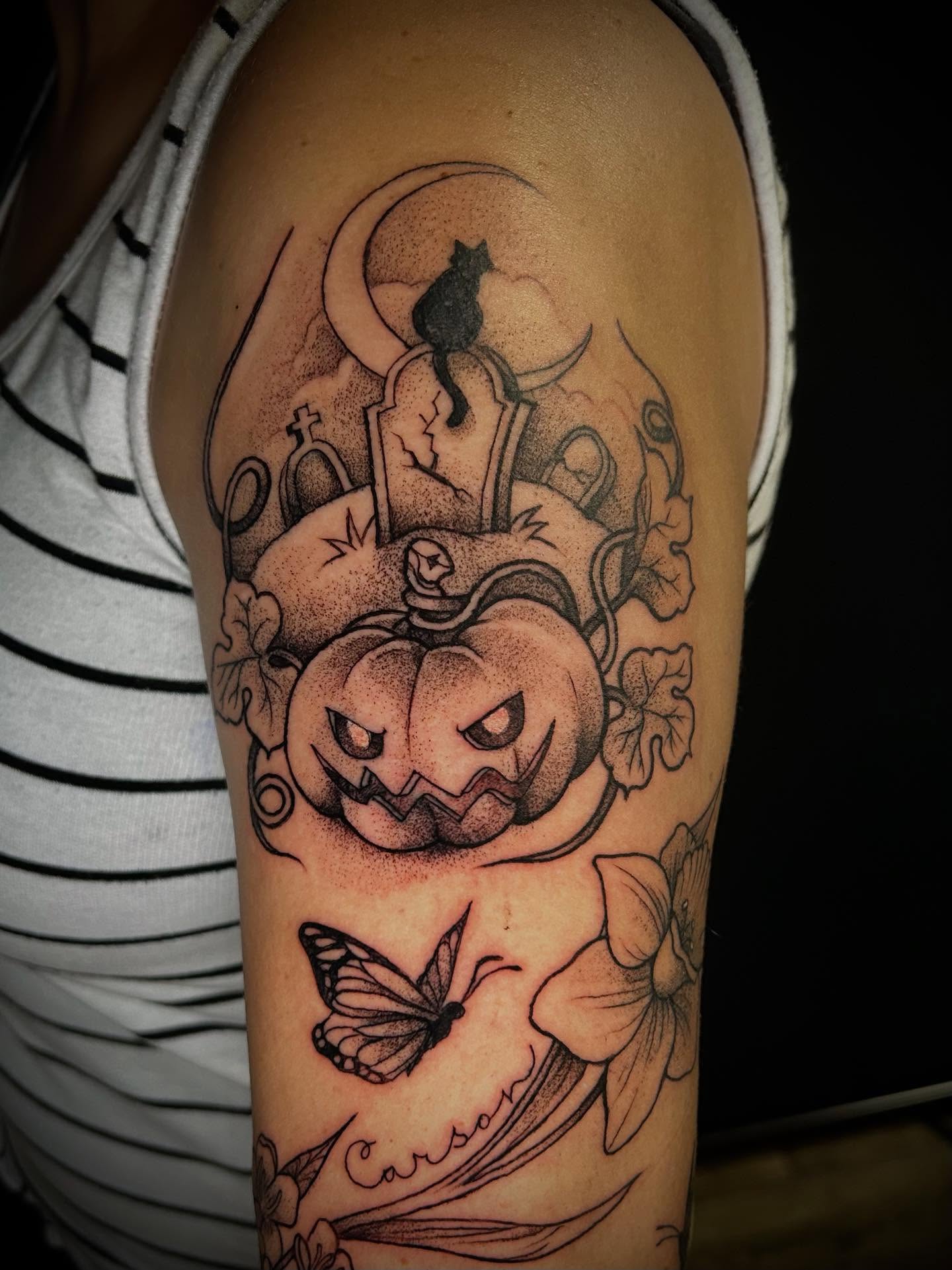 Pumpkin jack-o'-lantern dotwork tattoo on the forearm by ✶ 𝓑𝓲𝓽𝓮𝓼𝓲𝔃𝓮𝓭 𝓘𝓷𝓴 ✶, Buford, Georgia