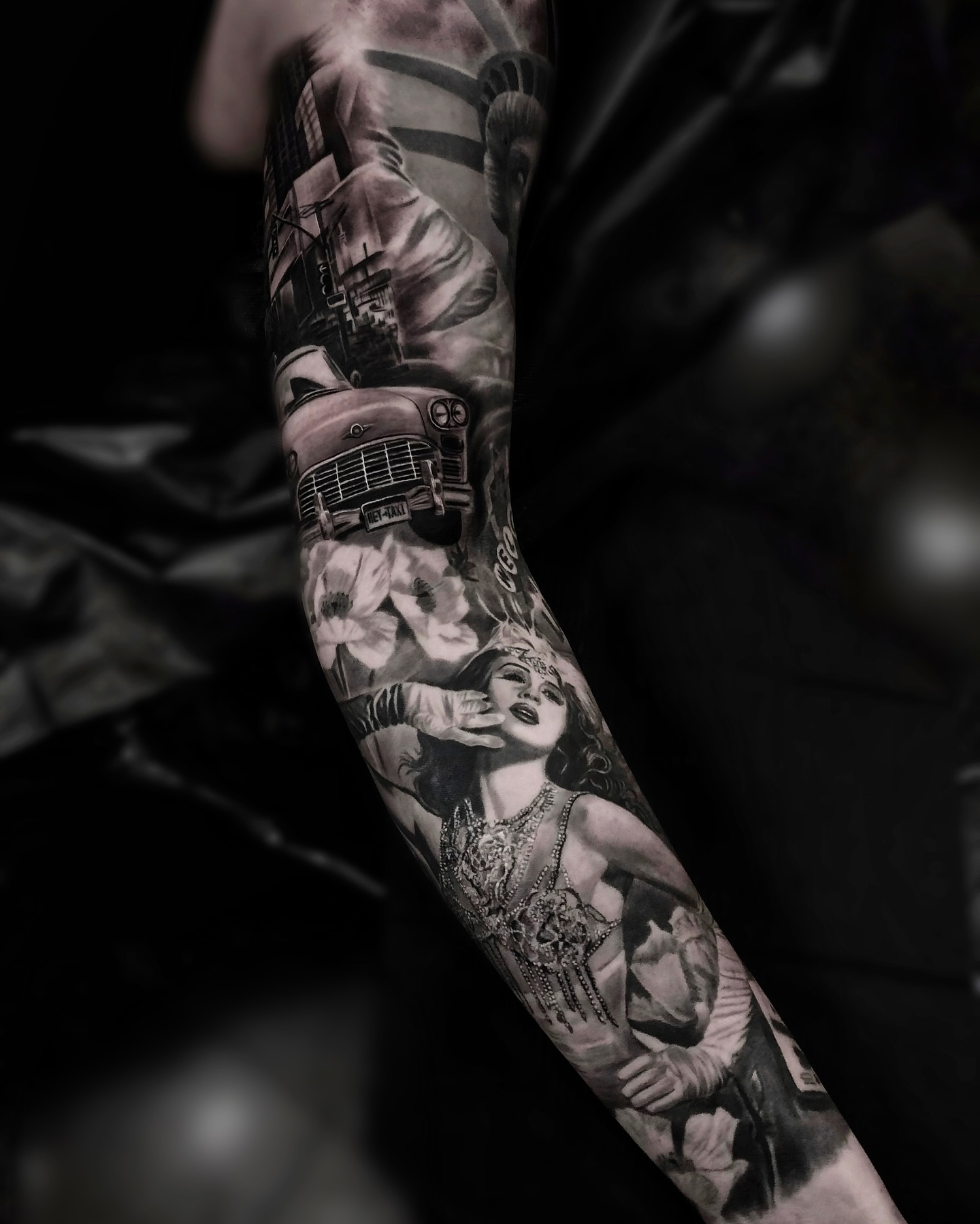 Vintage car and woman realism tattoo on the forearm by Lynn Hoang, Honolulu, Hawaii