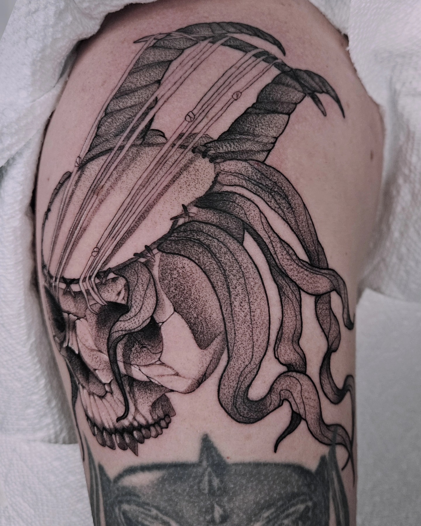 Tattoo by @fermented_ink — dotwork, black_and_grey