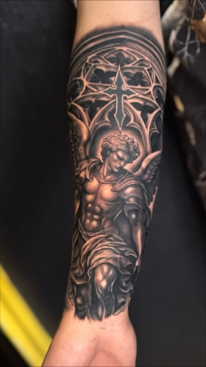 Angelic figure realism tattoo by π΅ππππ πΏπππππ, Houston, Texas