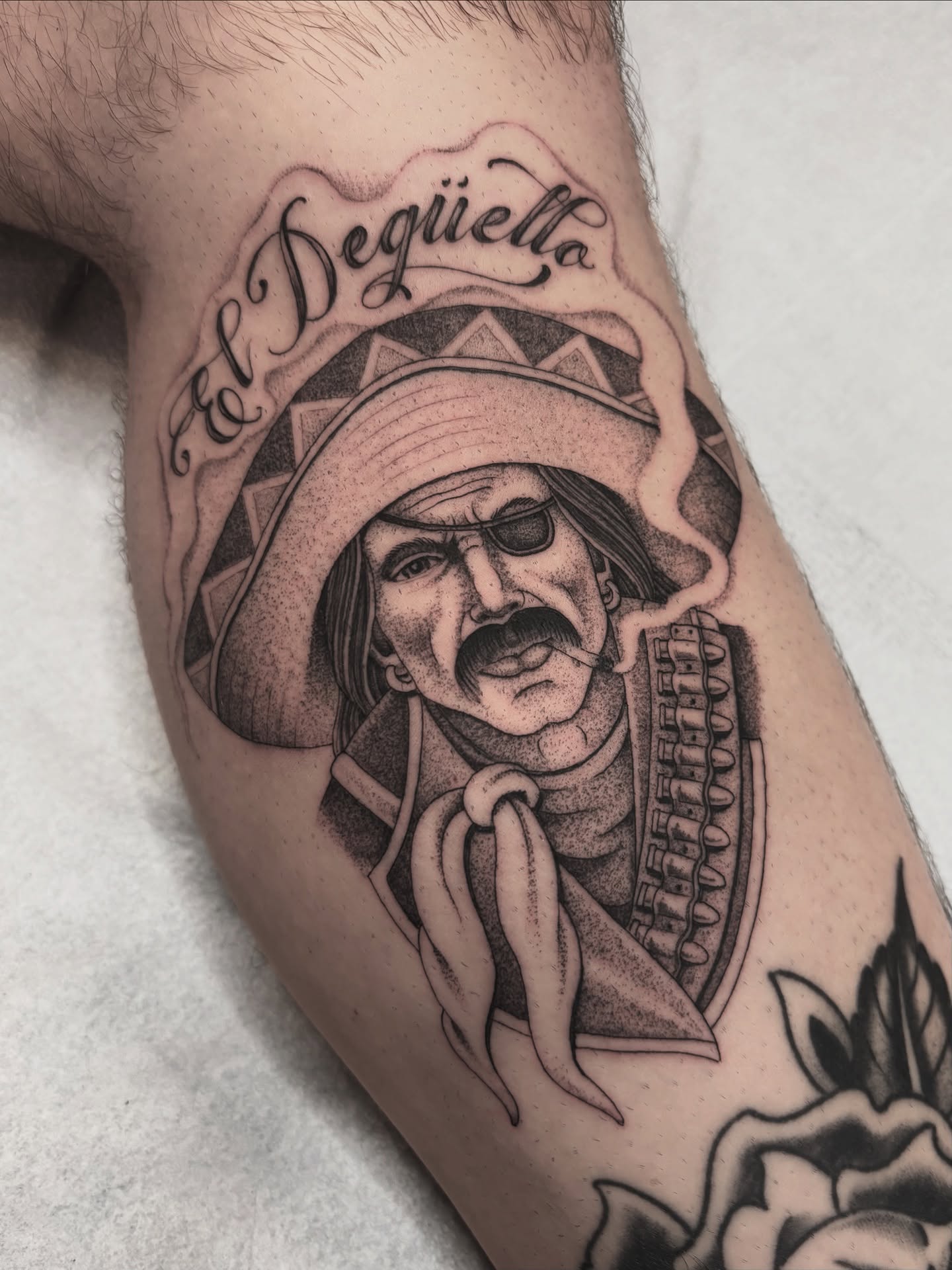 El Degüella dotwork tattoo on the forearm by Jake Hodson, Nashville, Tennessee
