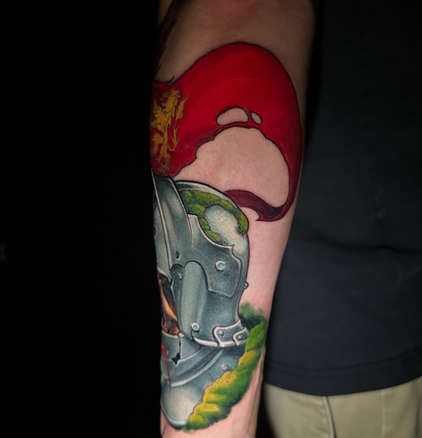 Knight armor American traditional tattoo on the forearm by shane baker