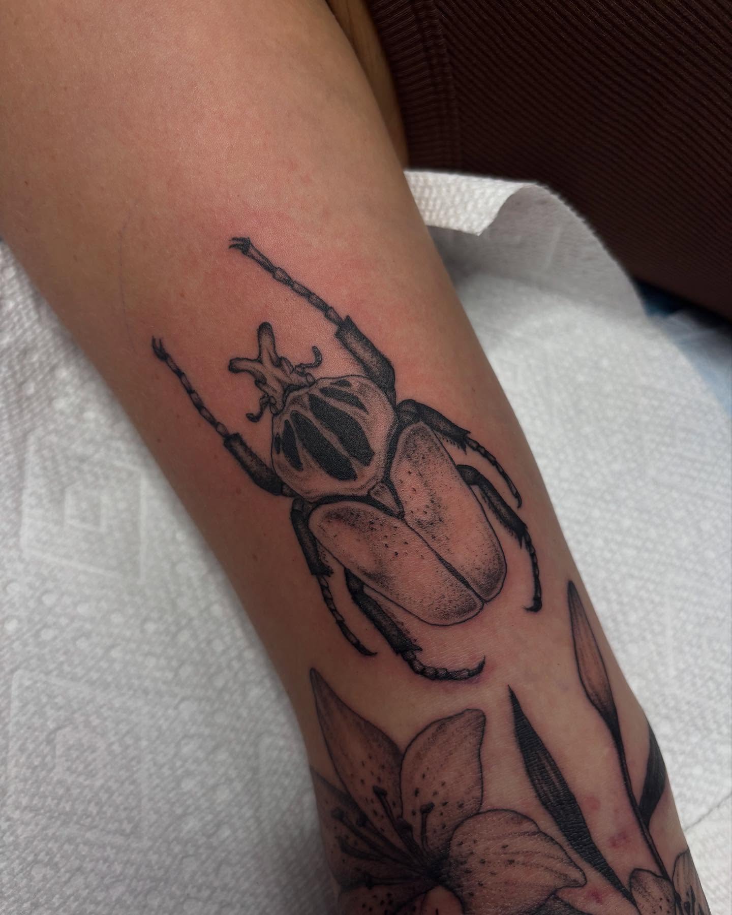 Scarab beetle dotwork tattoo on the forearm by ⟡ Sam O ⟡