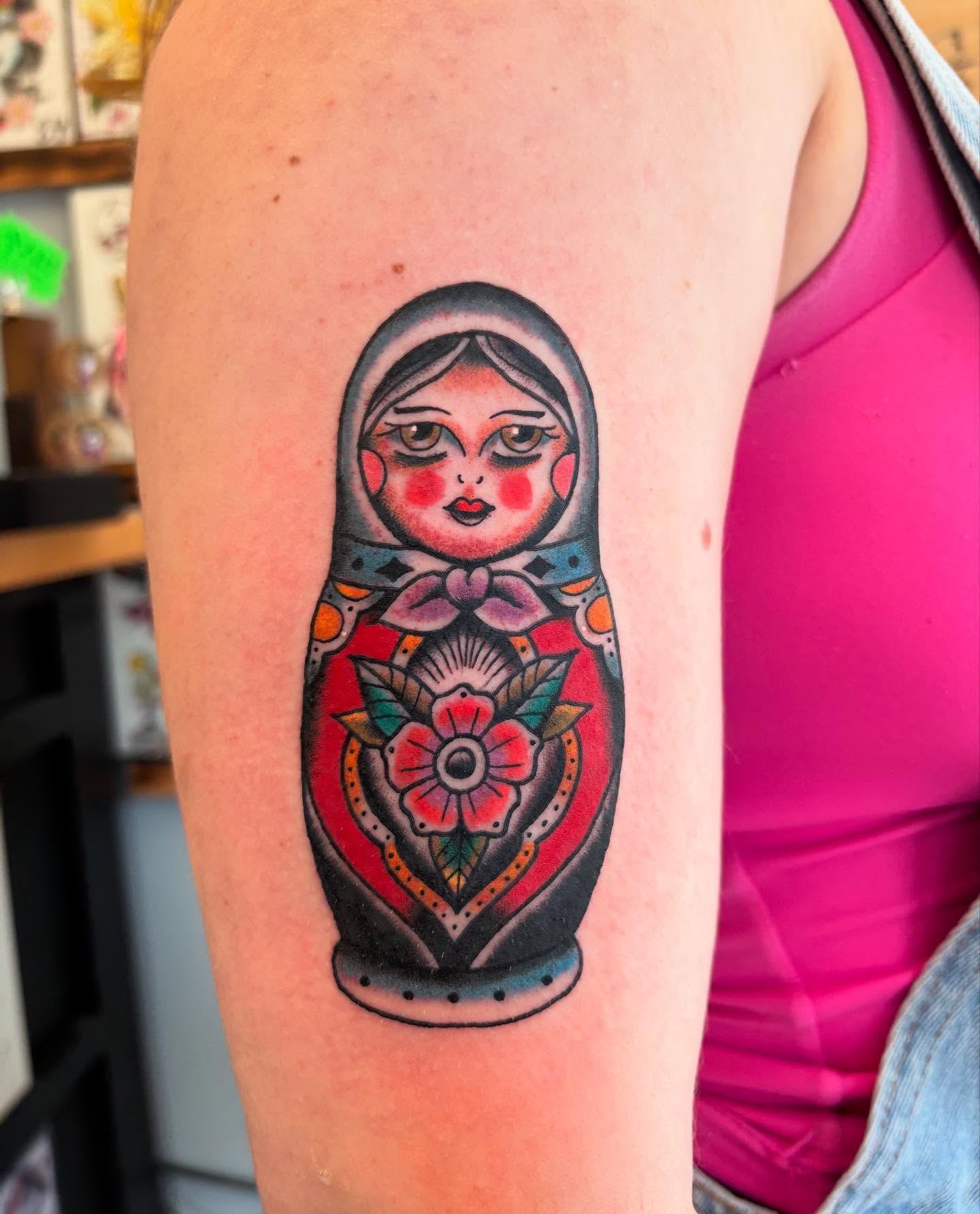 Matryoshka doll American traditional tattoo on the forearm by Ben Whyte
