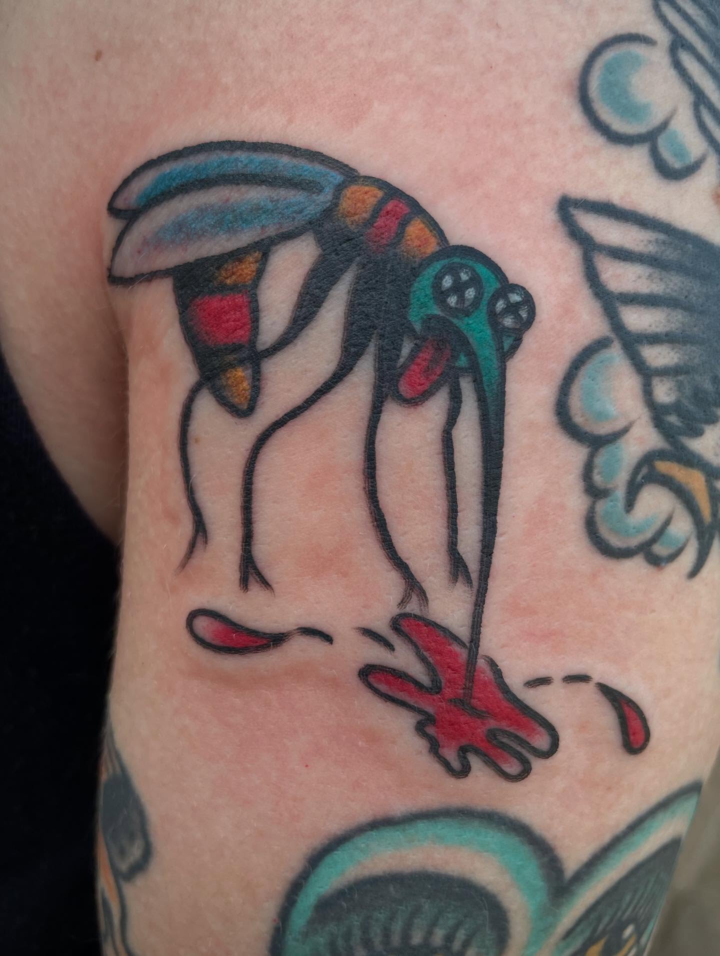 Mosquito American traditional tattoo on the forearm by Micheal McGlinchey
