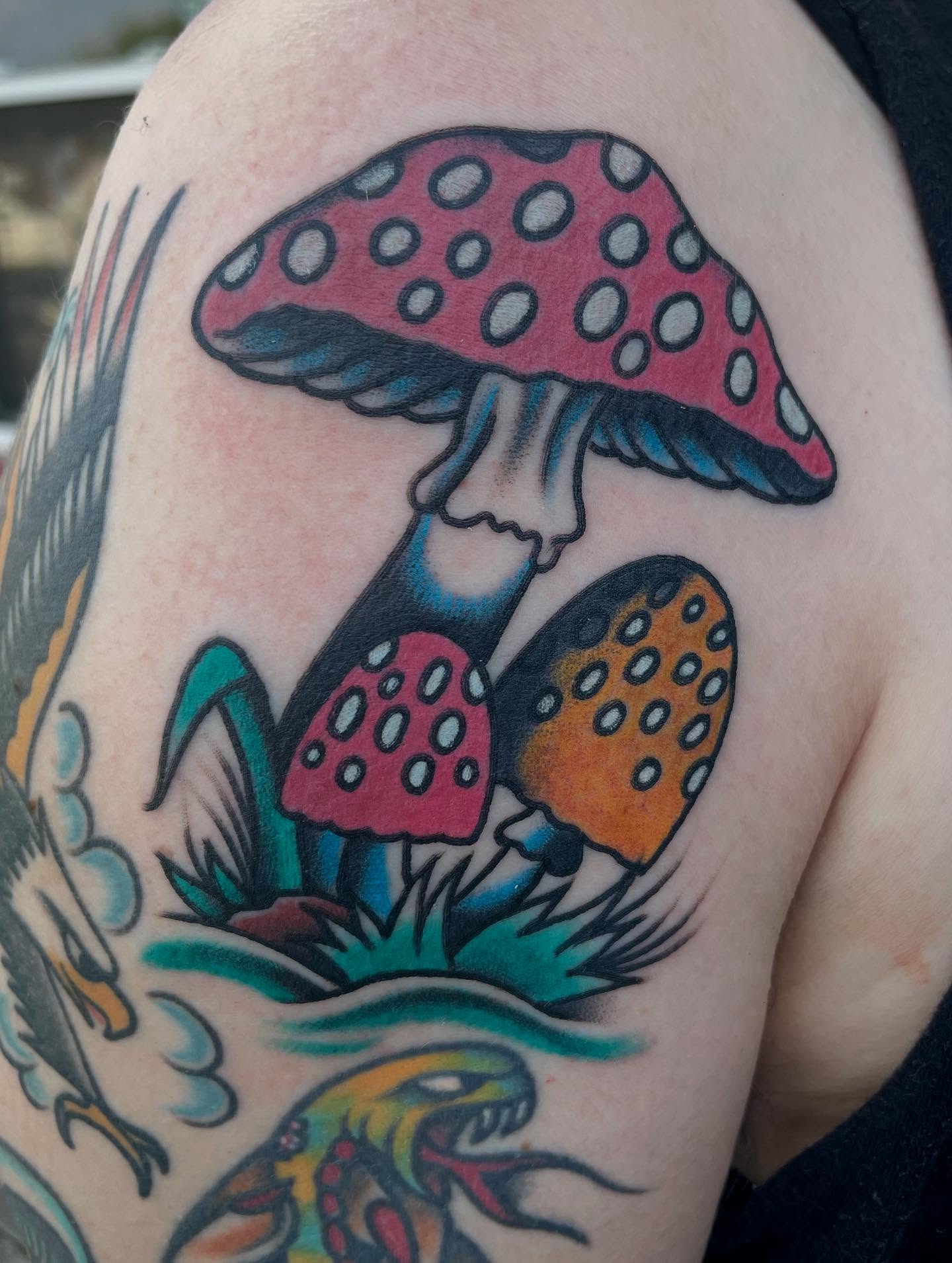 Mushroom American traditional tattoo on the shoulder by Micheal McGlinchey