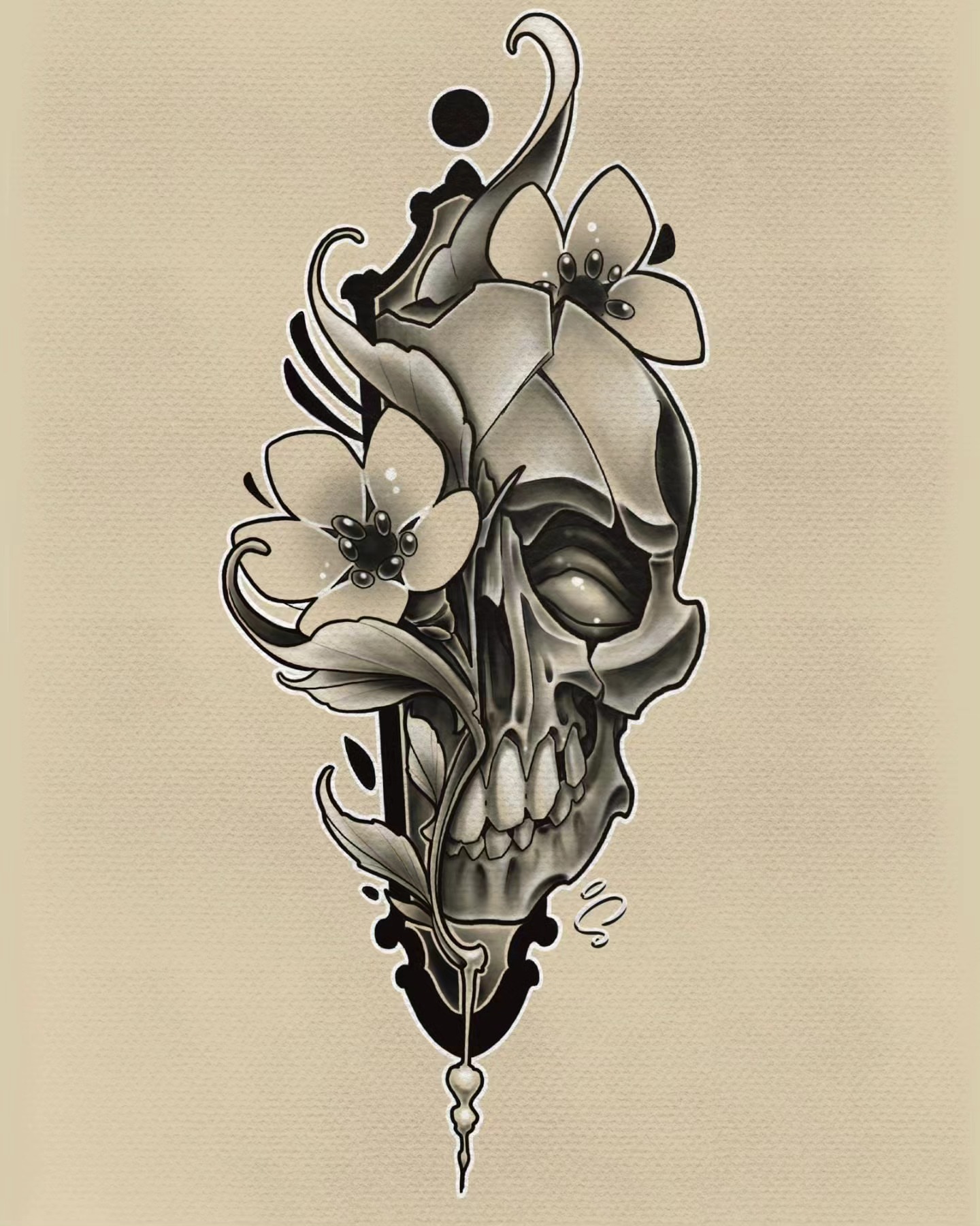 Skull and flowers realism tattoo by Steve Atkinson Tattoo Artist