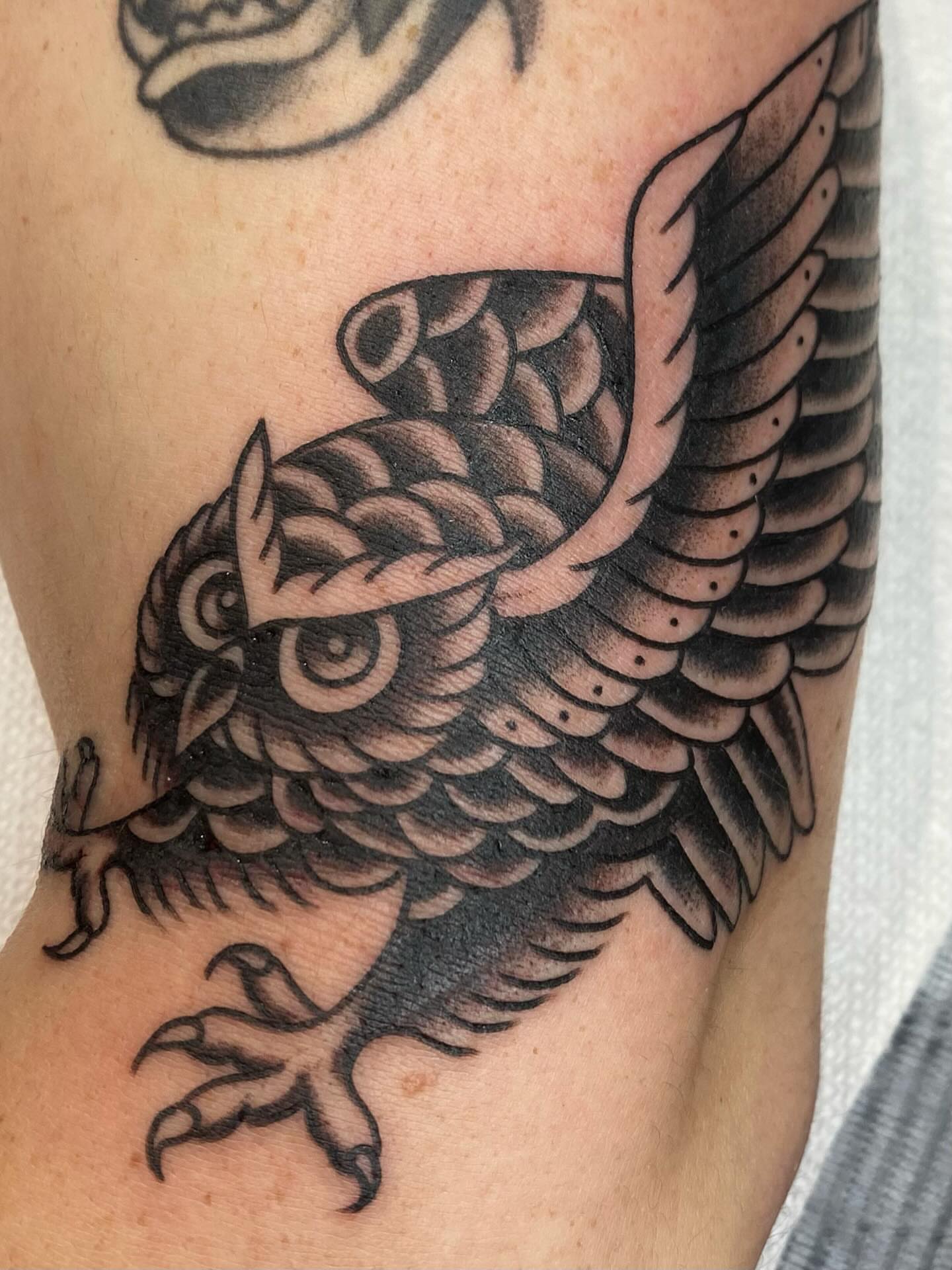 Owl black and grey tattoo on the forearm by Kiera ❤️‍🔥