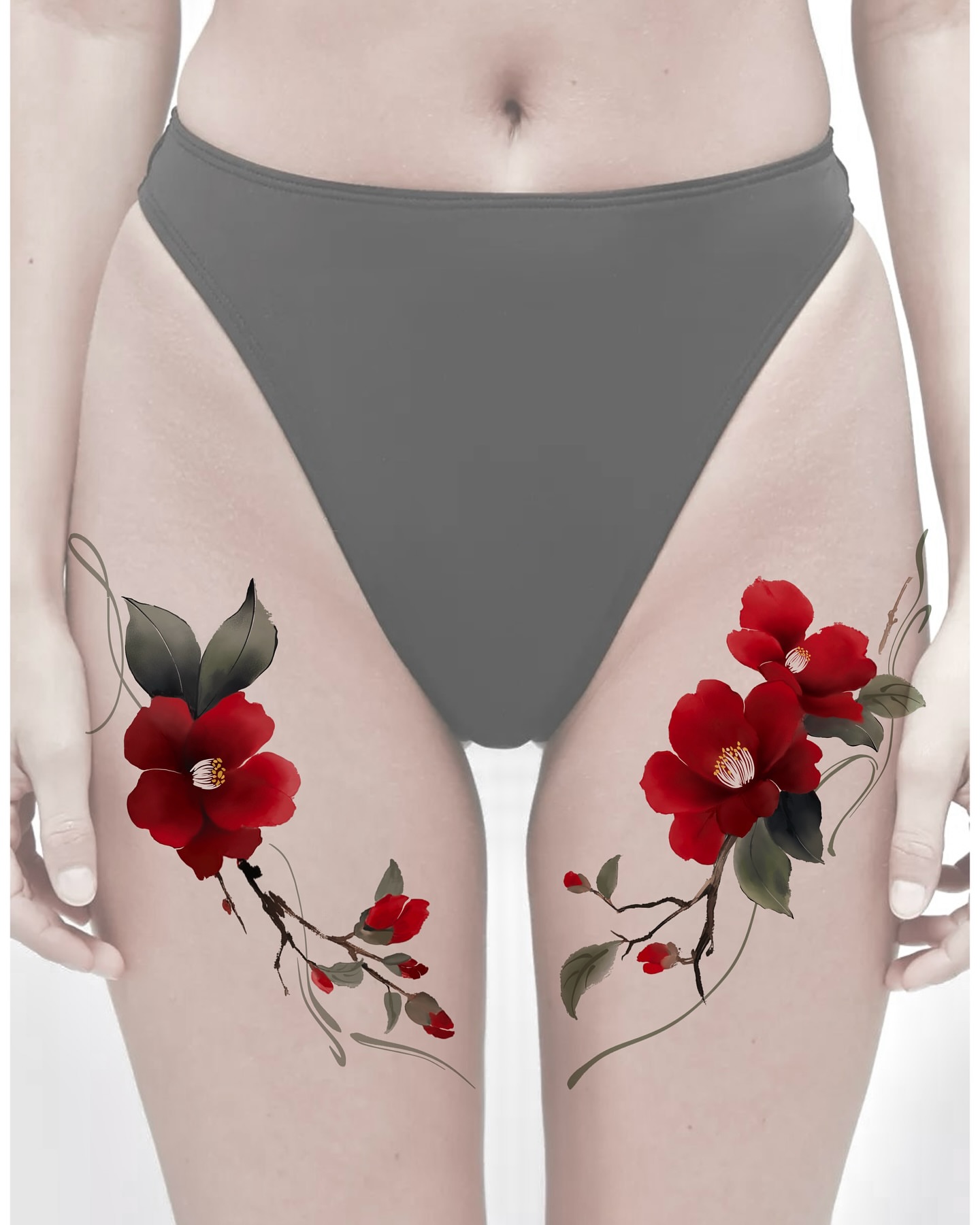 Red flowers watercolor tattoo on the thigh by Sylvia｜思岐, Vancouver, British Columbia