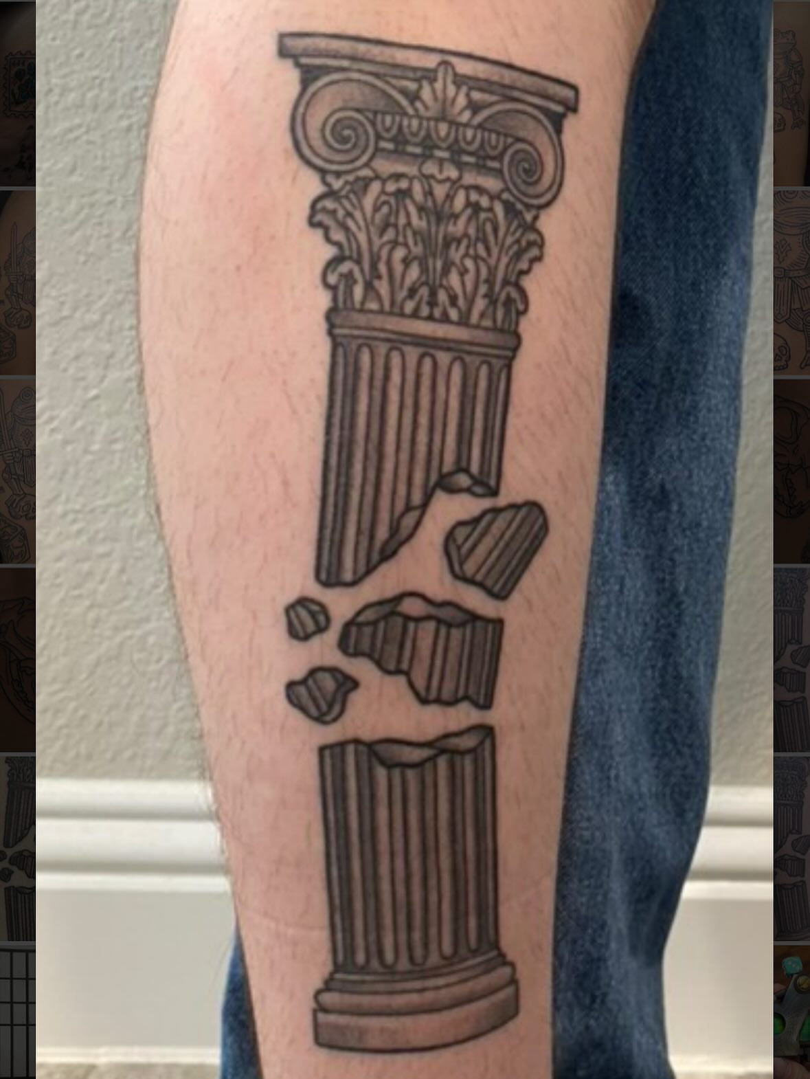 Corinthian column black and grey tattoo on the calf by ๐๐๐ฑ๐ฑ๐ฌ๐ฌ ๐๐ฏ๐ฑ๐ฆ๐ฐ๐ฑ