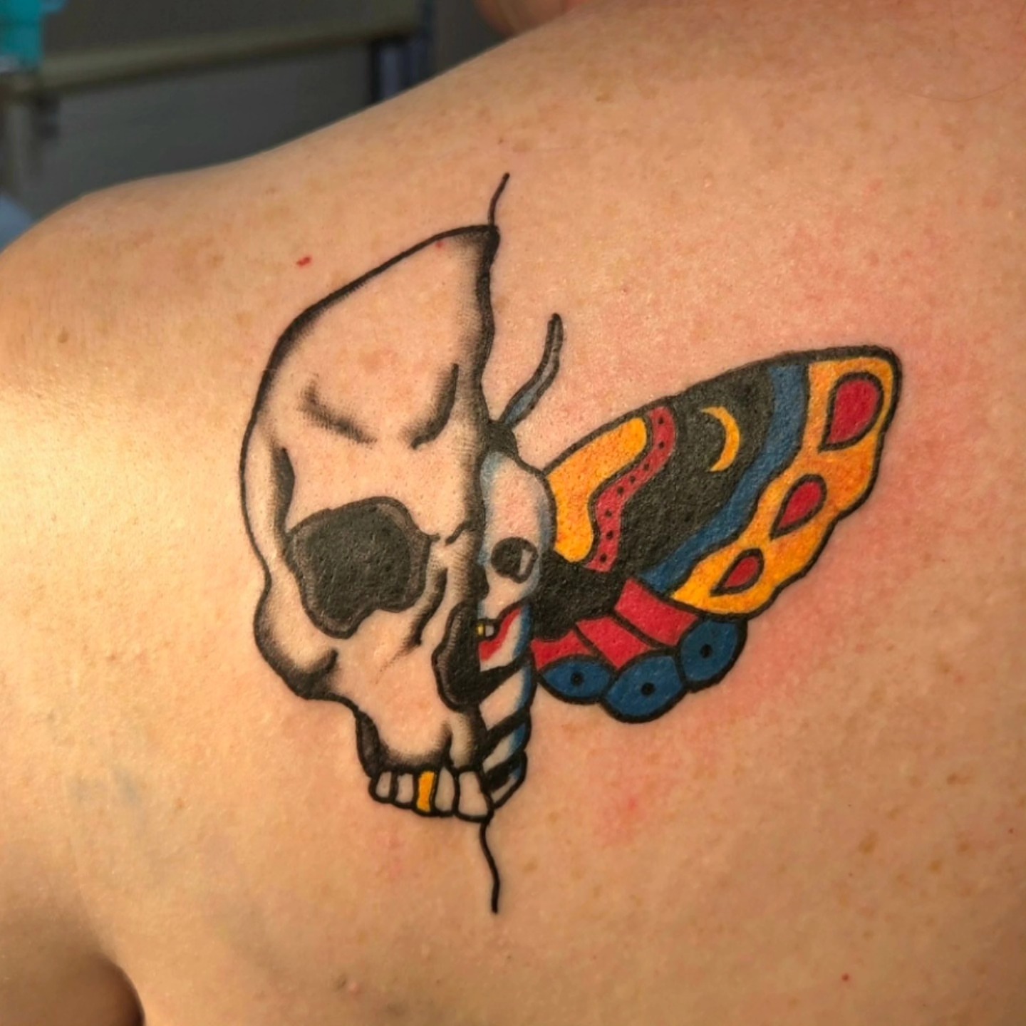 Skull and butterfly American traditional tattoo on the shoulder by Abigail (Bgail) Boyd